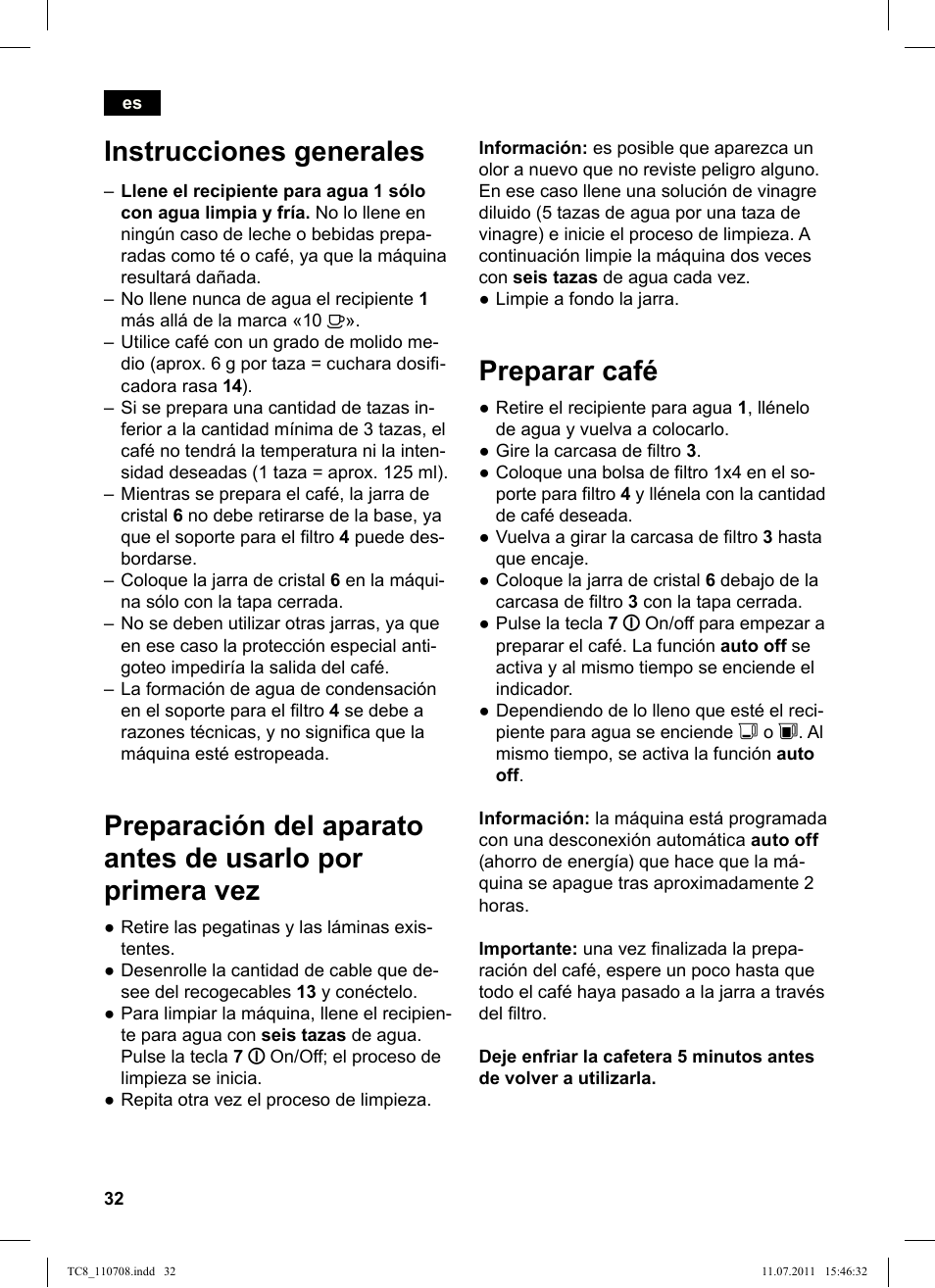 Instrucciones generales, Preparar café | Siemens TC80104 User Manual | Page 34 / 76