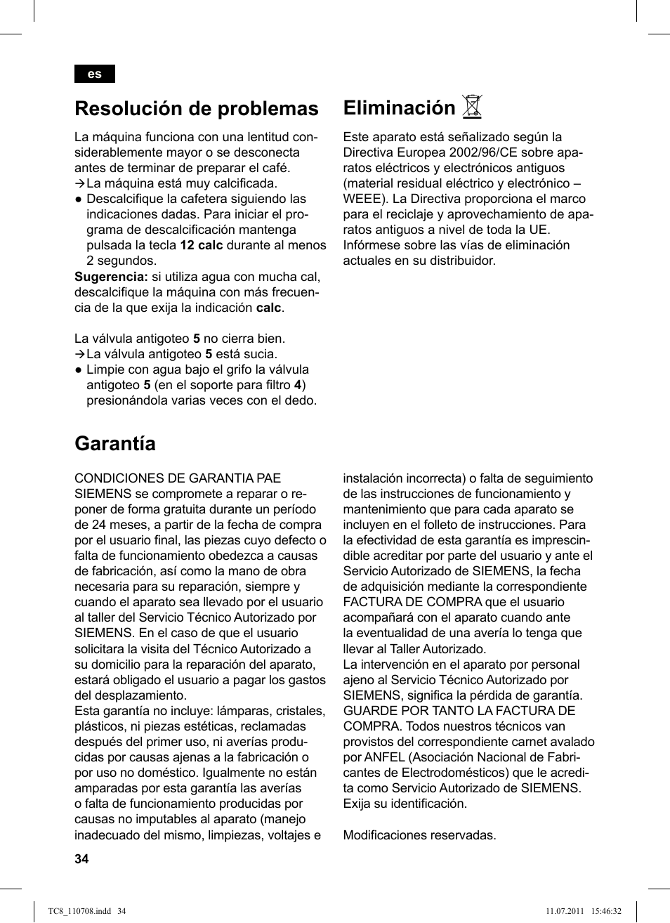 Resolución de problemas, Eliminación, Garantía | Siemens TC80104 User Manual | Page 36 / 76