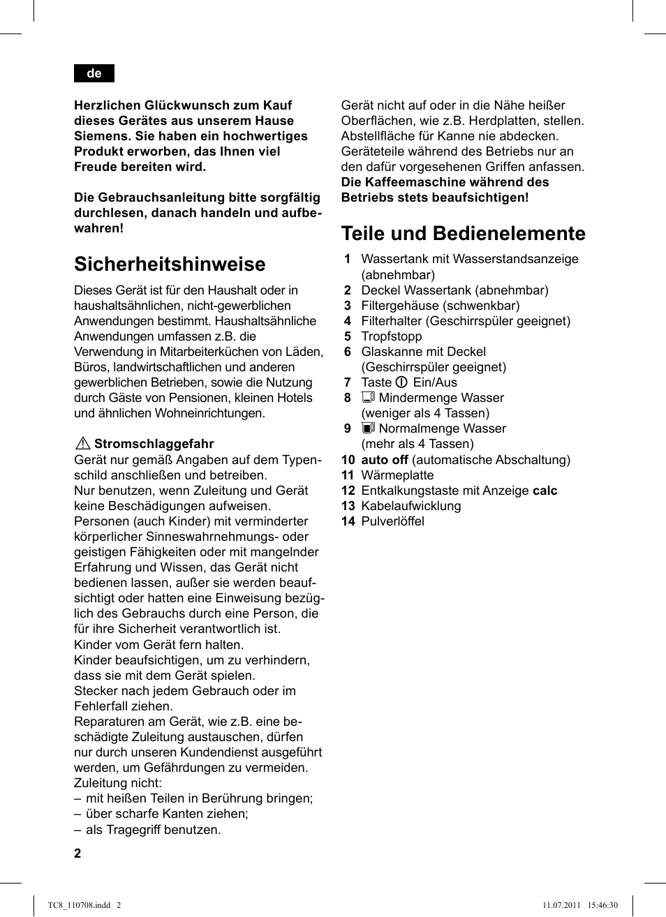 Sicherheitshinweise, Teile und bedienelemente | Siemens TC80104 User Manual | Page 4 / 76