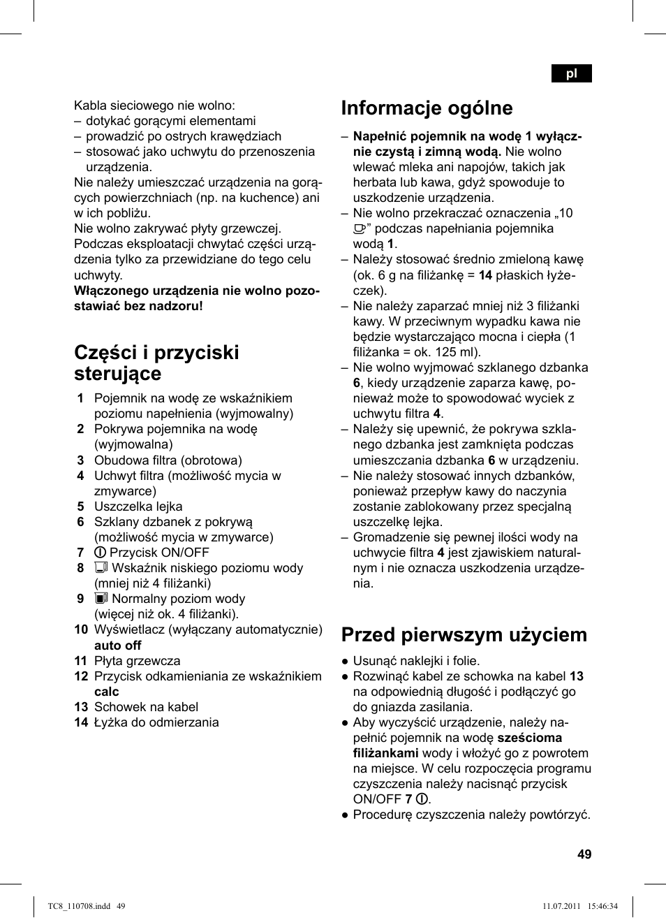 Części i przyciski sterujące, Informacje ogólne, Przed pierwszym użyciem | Siemens TC80104 User Manual | Page 51 / 76