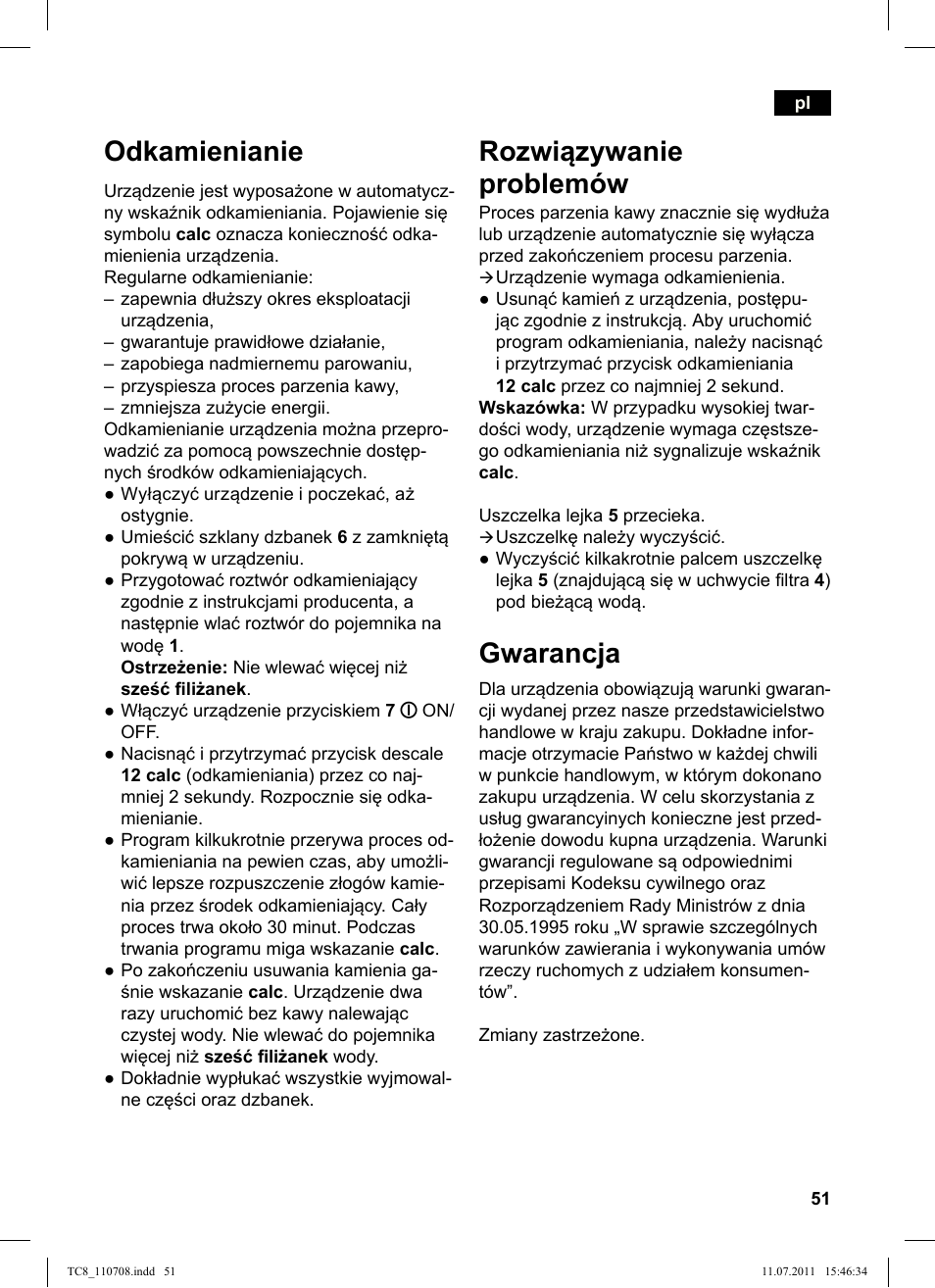 Odkamienianie, Rozwiązywanie problemów, Gwarancja | Siemens TC80104 User Manual | Page 53 / 76