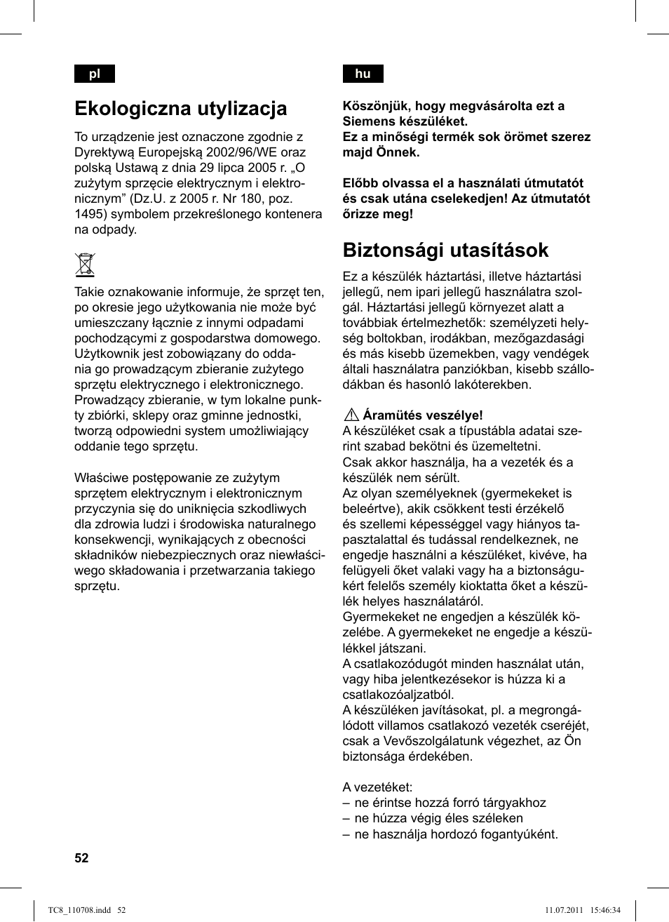 Ekologiczna utylizacja, Biztonsági utasítások | Siemens TC80104 User Manual | Page 54 / 76