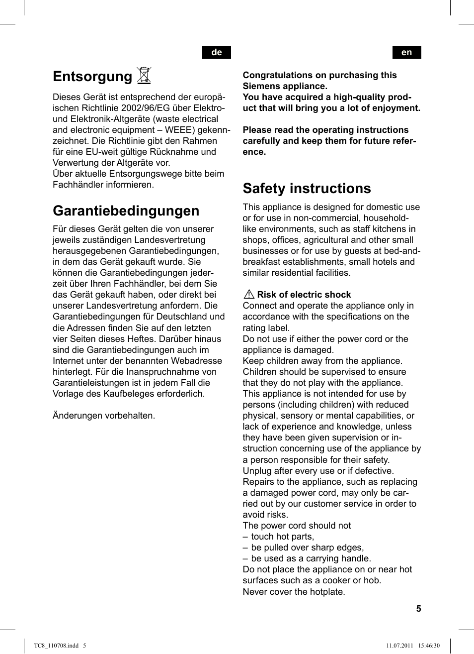 Entsorgung, Garantiebedingungen, Safety instructions | Siemens TC80104 User Manual | Page 7 / 76