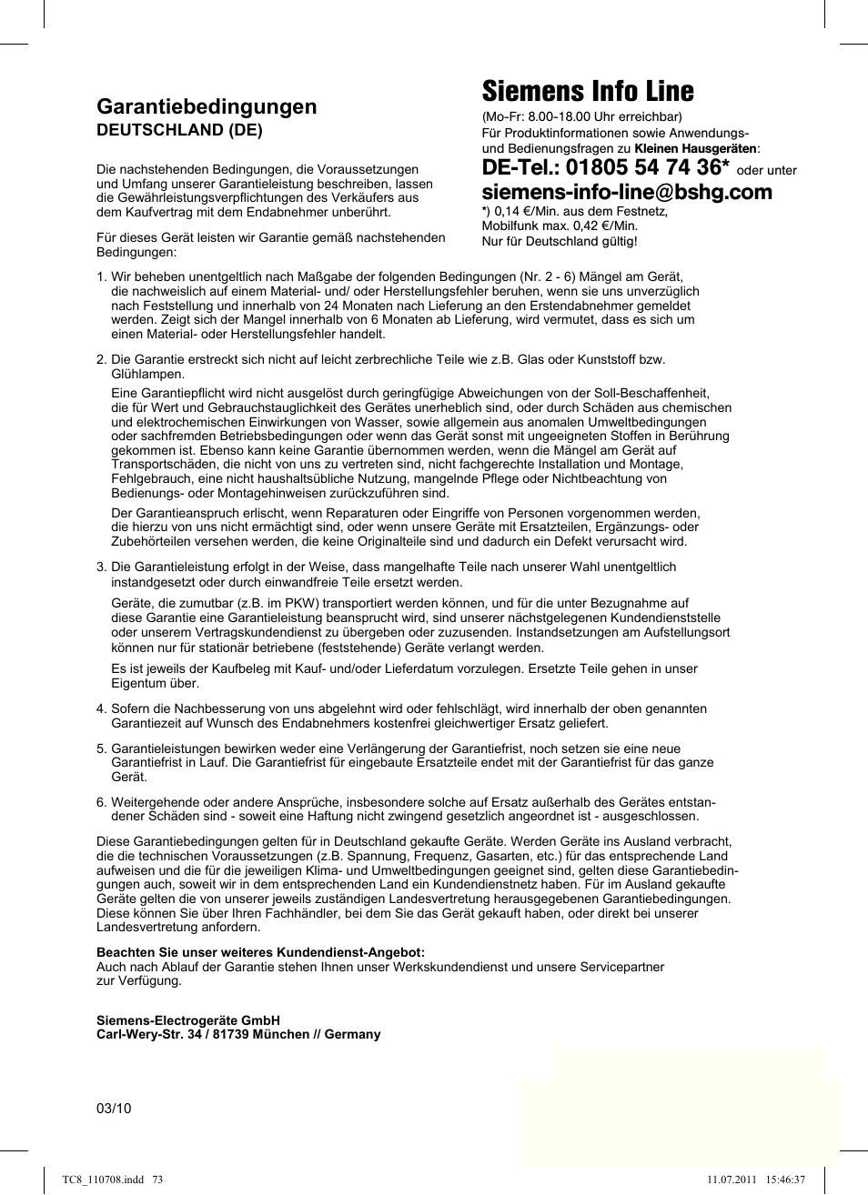 Siemens info line, Garantiebedingungen | Siemens TC80104 User Manual | Page 75 / 76