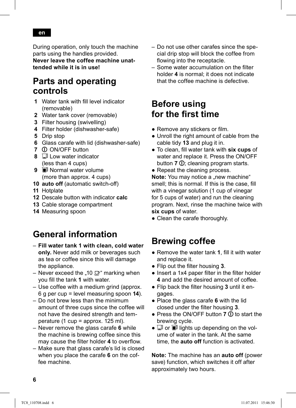 Before using for the irst time, Brewing coffee, Parts and operating controls | General information | Siemens TC80104 User Manual | Page 8 / 76