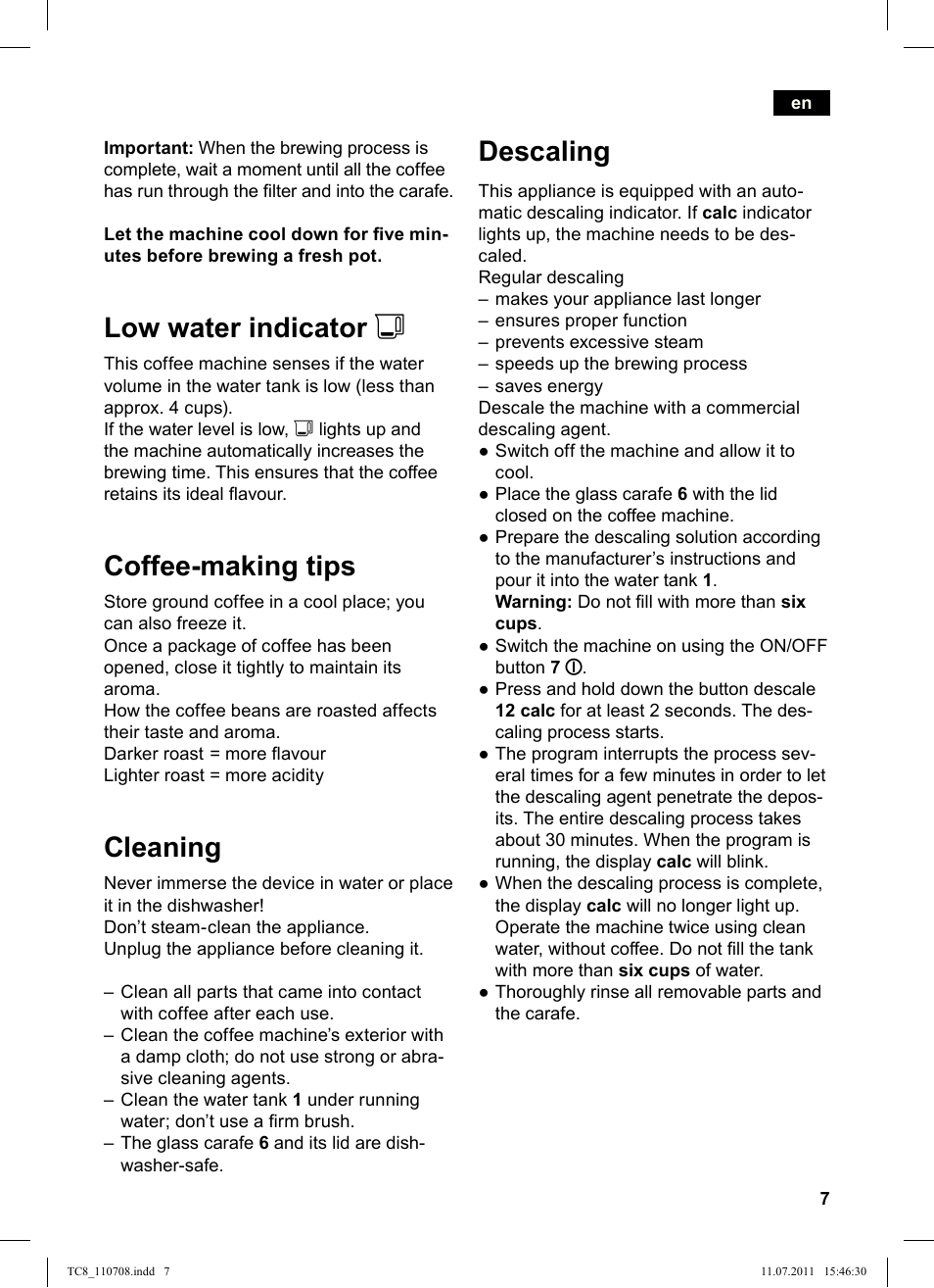 Descaling, Low water indicator j, Coffee­making tips | Cleaning | Siemens TC80104 User Manual | Page 9 / 76