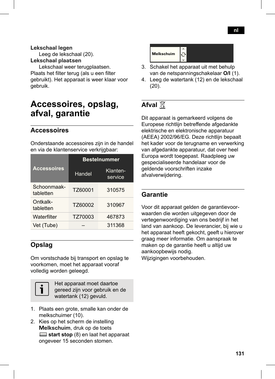 Accessoires, opslag, afval, garantie | Siemens TK76K573 User Manual | Page 131 / 162