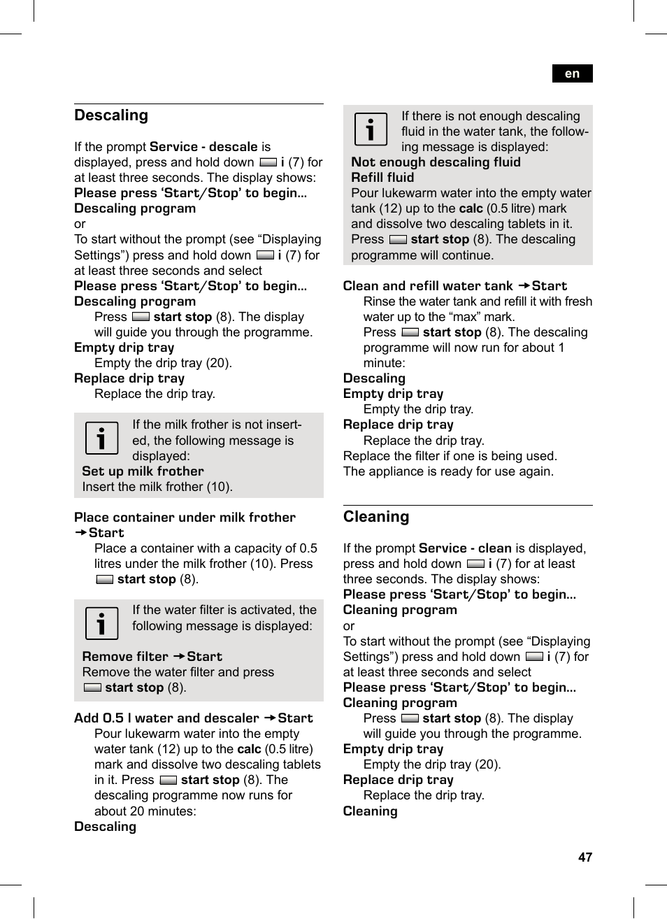 Descaling, Cleaning | Siemens TK76K573 User Manual | Page 47 / 162