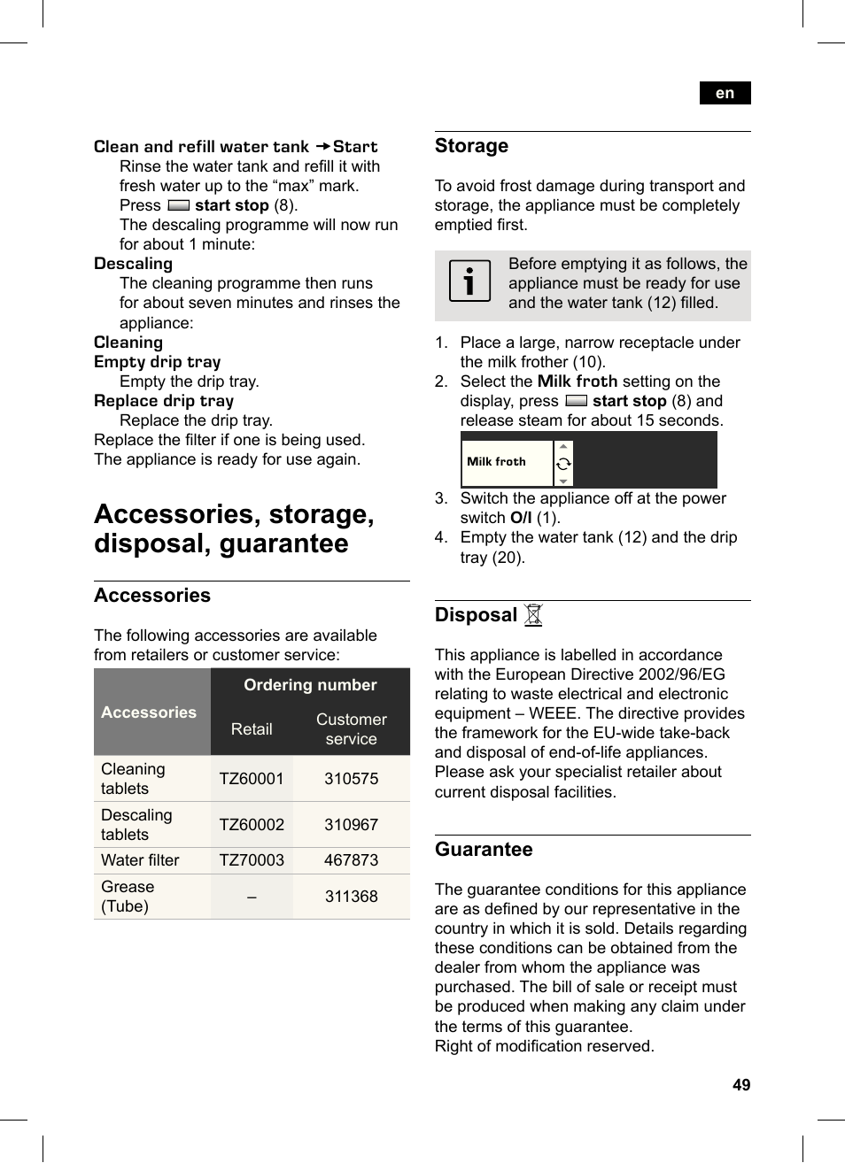 Accessories, storage, disposal, guarantee | Siemens TK76K573 User Manual | Page 49 / 162
