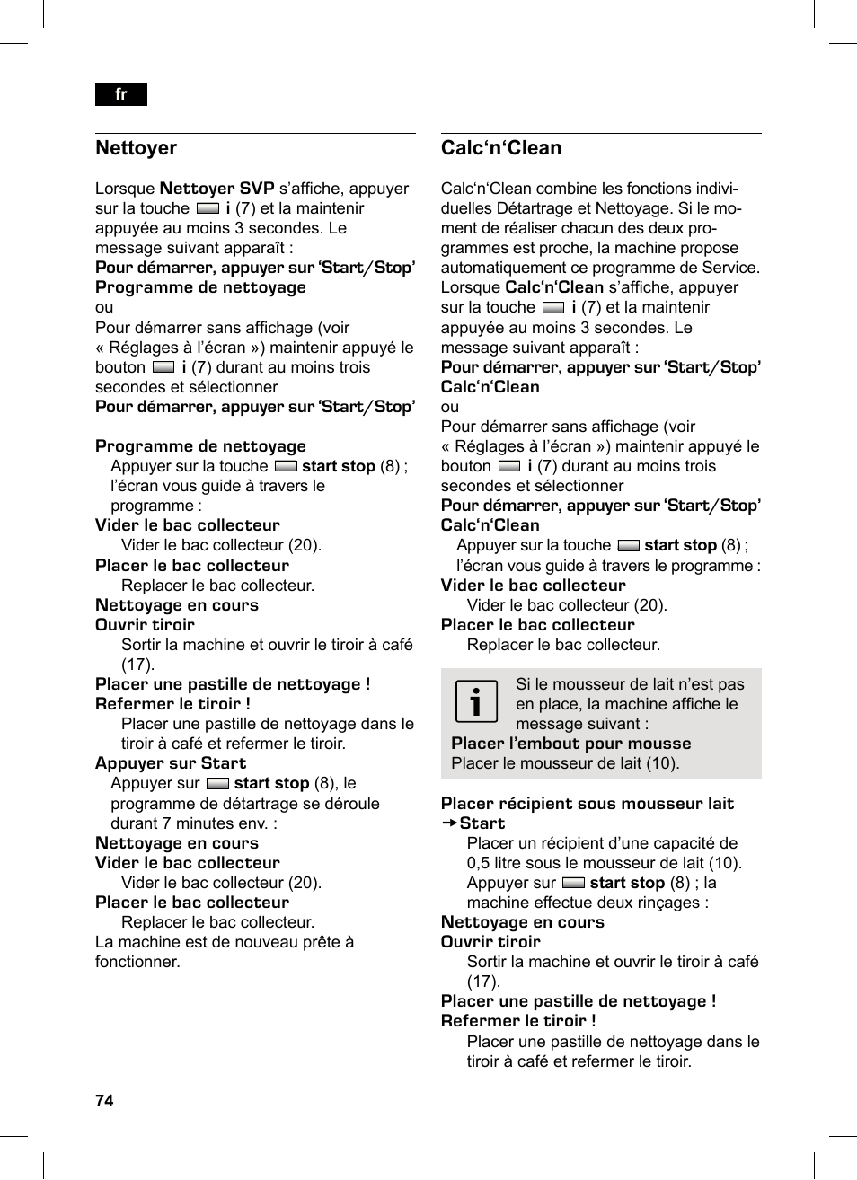 Nettoyer, Calc‘n‘clean | Siemens TK76K573 User Manual | Page 74 / 162