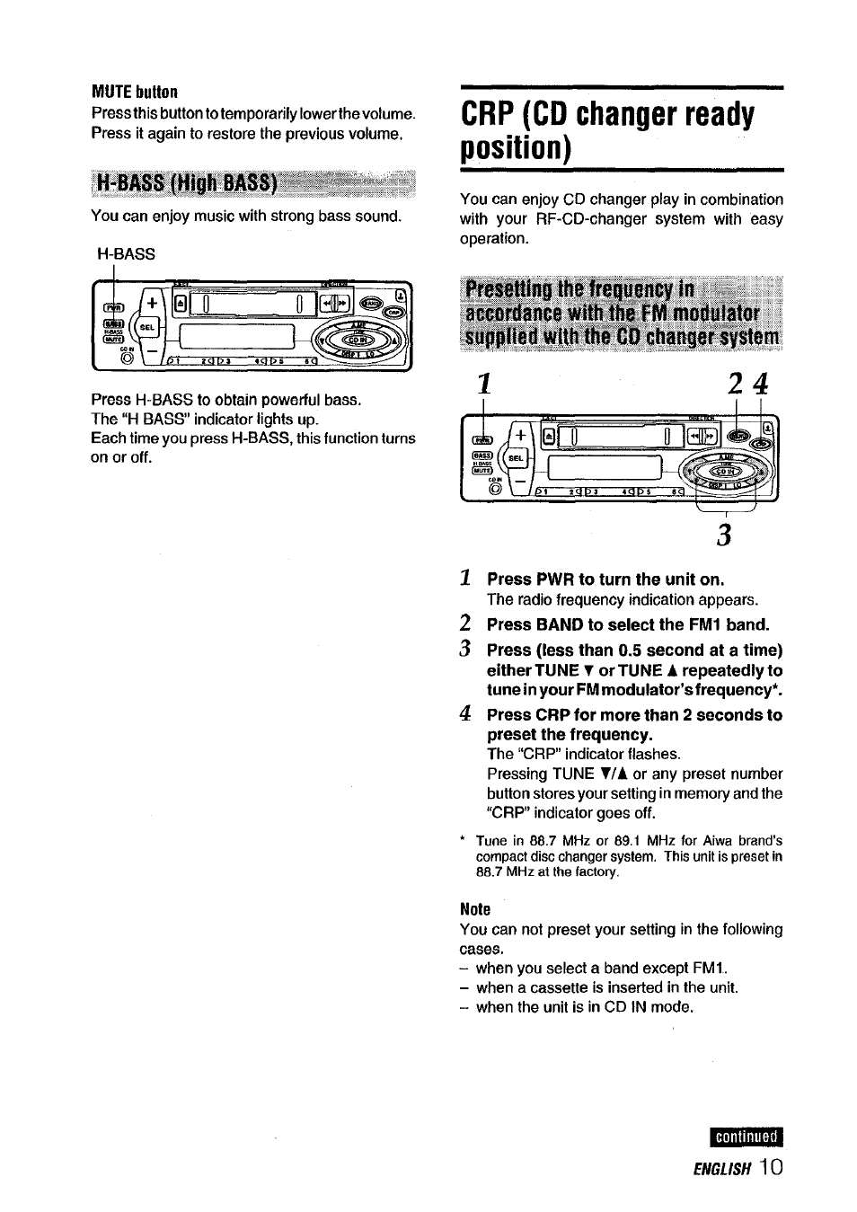 Mute button, Crp (cd changer ready position), 2 press pwr to turn the unit on | 2 press band to select the fm1 band, Note, 00 hr, H-bass (high bass), English | Aiwa CT-X418 User Manual | Page 11 / 16