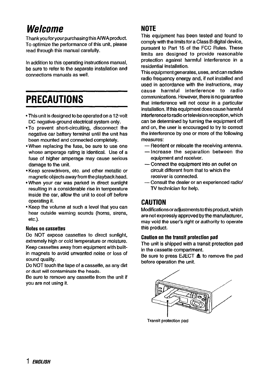 Precautions, Notes on cassettes, Caution on the transit protection pad | Welcome, Caution, English | Aiwa CT-X418 User Manual | Page 2 / 16