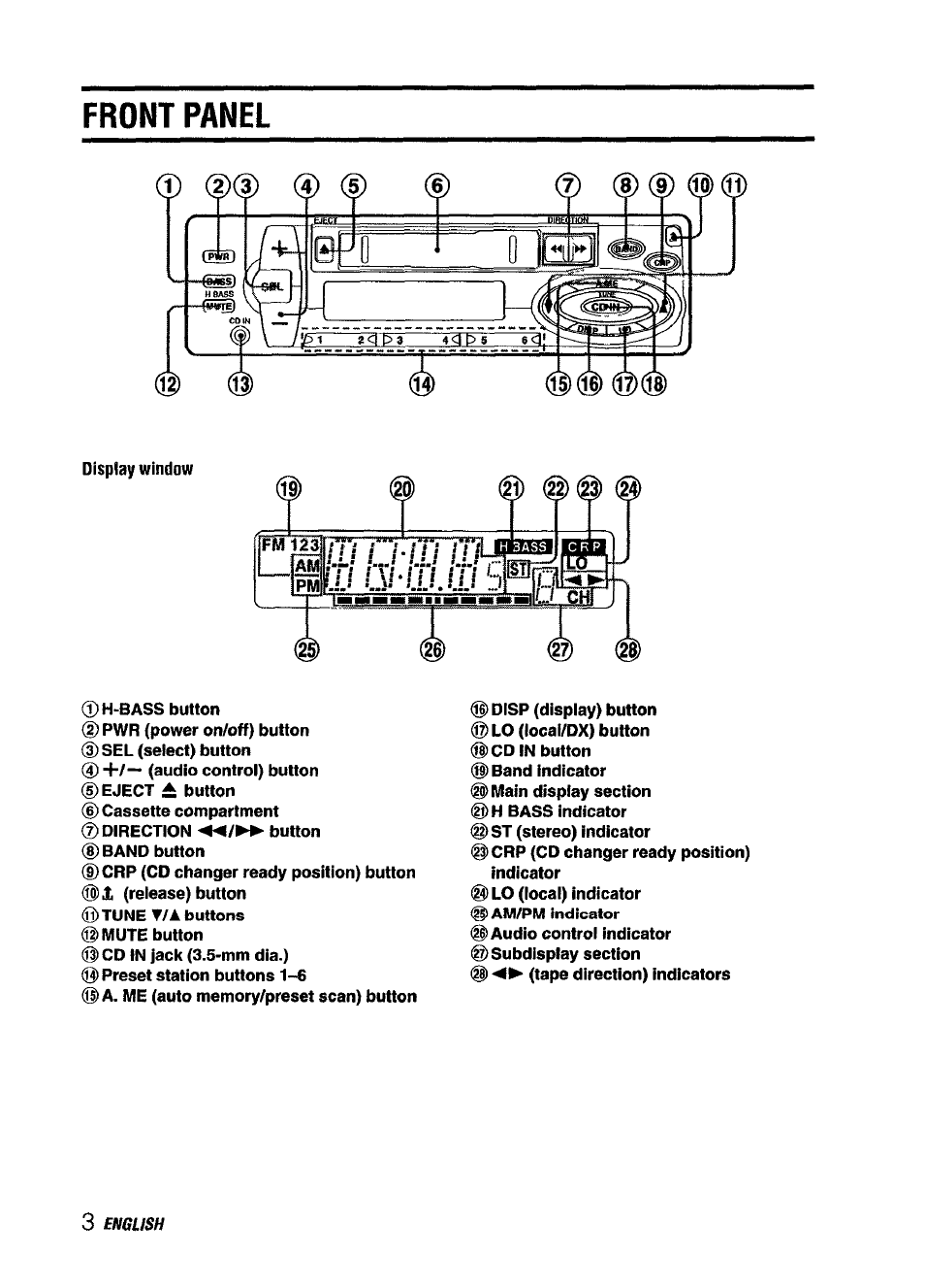 Display window, Front panel, English | Aiwa CT-X418 User Manual | Page 4 / 16