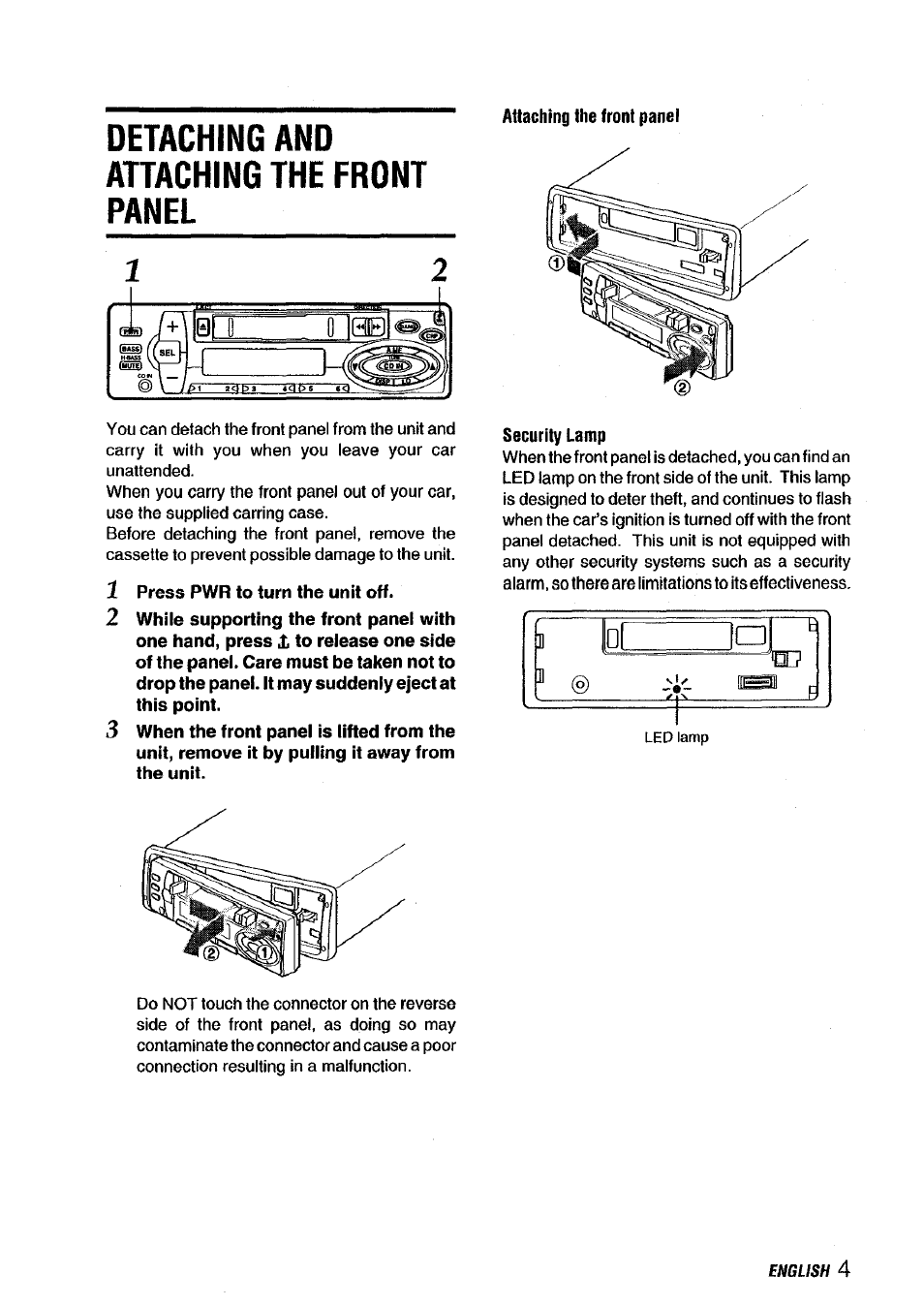 1 press pwr to turn the unit off, Security lamp, Detaching and attaching the front panel | F @ _______ be? lj, English | Aiwa CT-X418 User Manual | Page 5 / 16