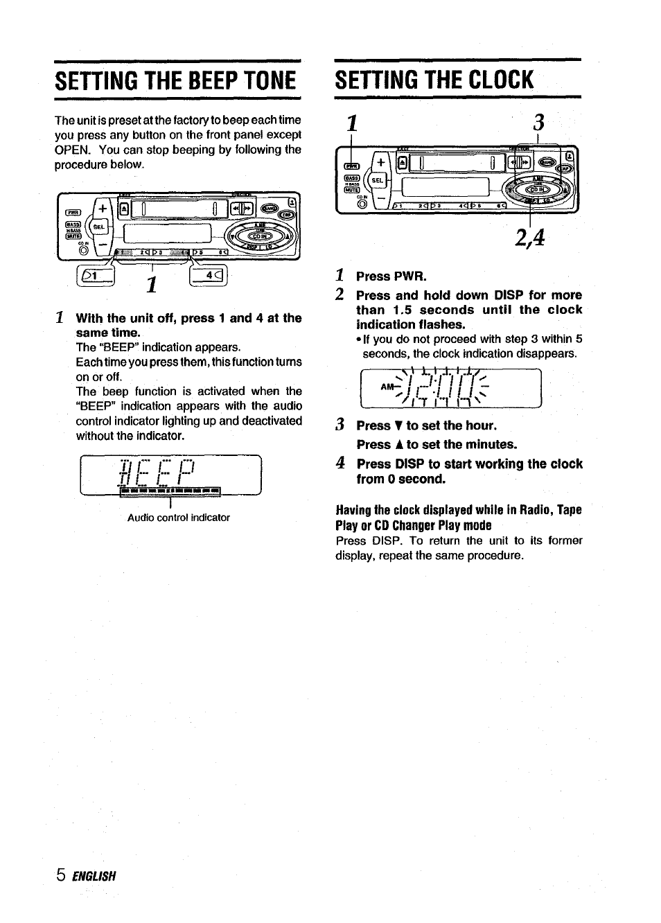 With the unit off, press 1 and 4 at the same time, Press pwr, Press t to set the hour | Setting the beep tone setting the clock, H i . l | Aiwa CT-X418 User Manual | Page 6 / 16