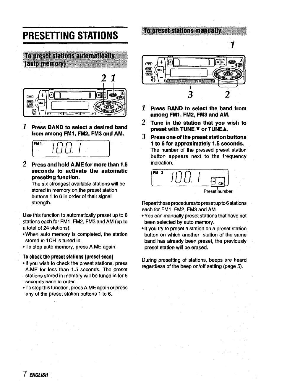 To check the preset stations (preset scan), Presetting stations, I n ¡1 i | Engush | Aiwa CT-X418 User Manual | Page 8 / 16
