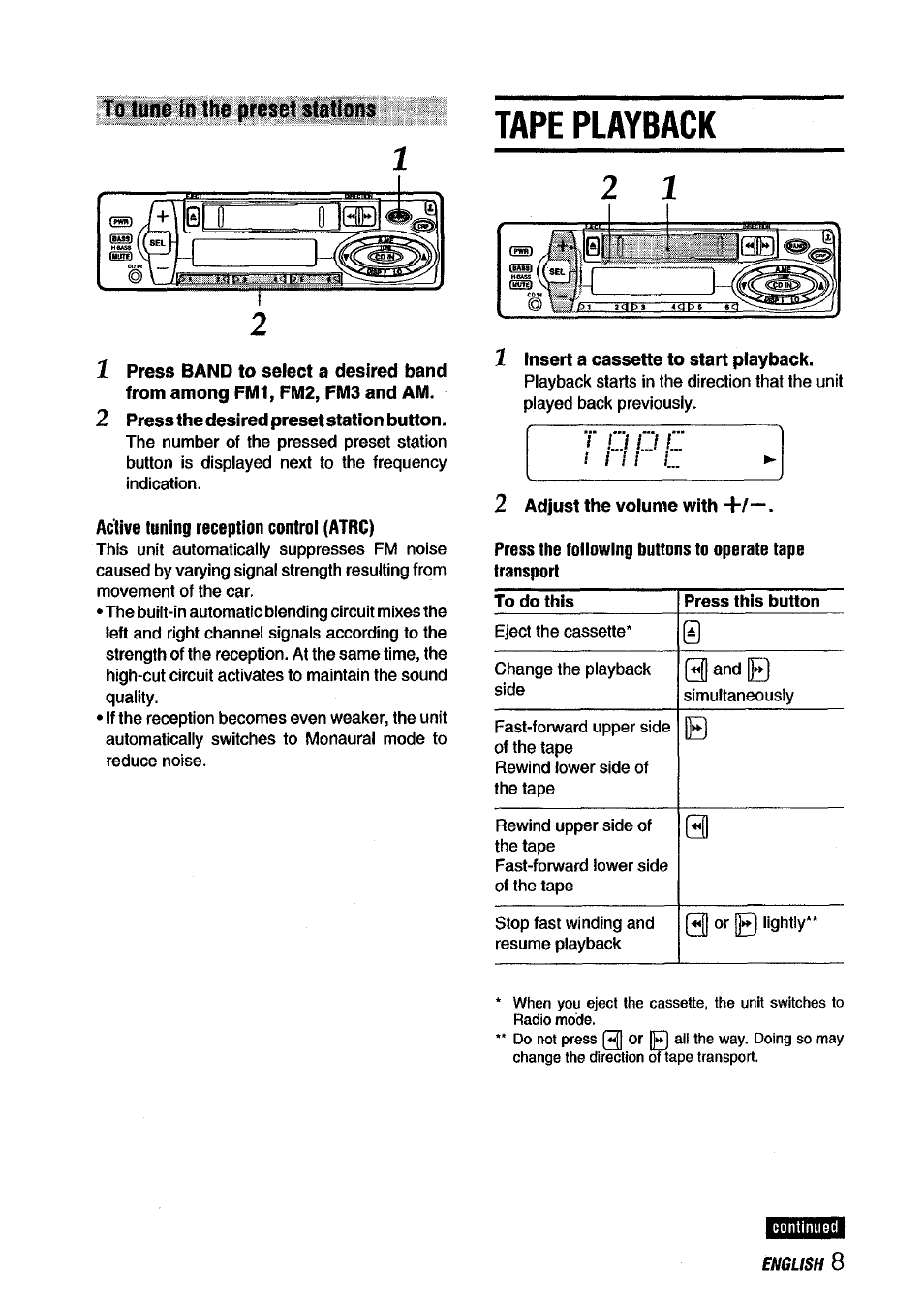 Tape playback, T o o c, 1 i l i i | English | Aiwa CT-X418 User Manual | Page 9 / 16