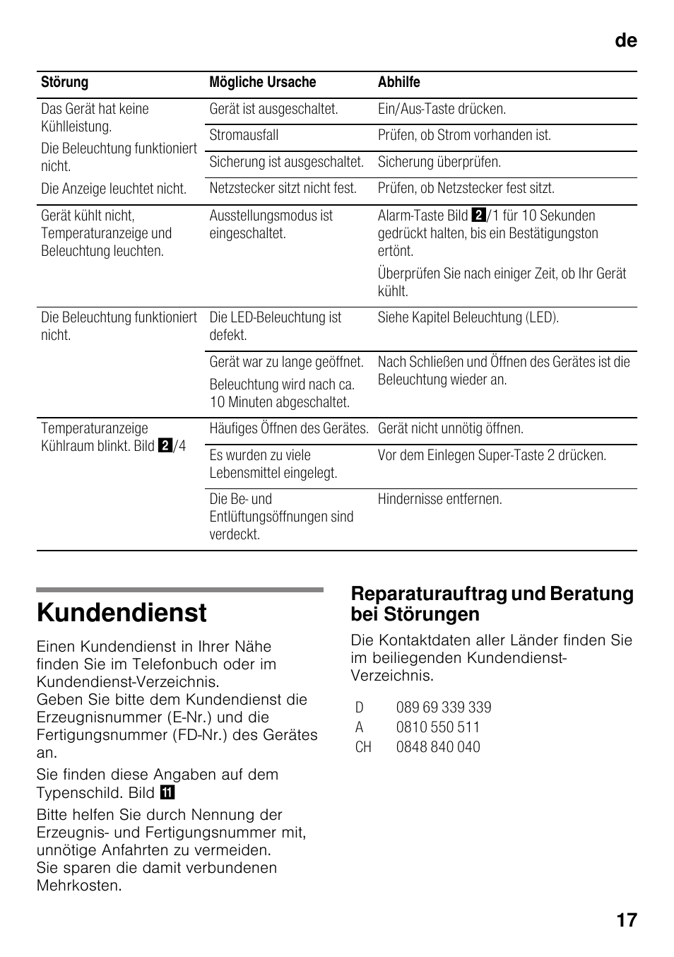 Kundendienst, Reparaturauftrag und beratung bei störungen, De 17 | Siemens KI25RP60 User Manual | Page 17 / 76