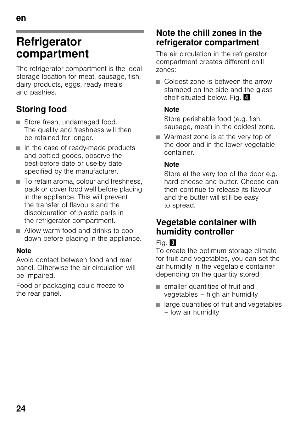 Refrigerator compartment, Storing food, Note | Vegetable container with humidity controller, En 24 | Siemens KI25RP60 User Manual | Page 24 / 76