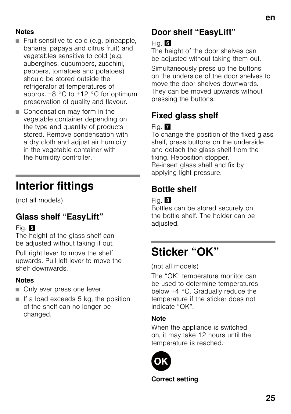 Notes, Interior fittings, Glass shelf “easylift | Only ever press one lever, Door shelf “easylift, Fixed glass shelf, Bottle shelf, Sticker “ok, Interior fittings sticker “ok, En 25 | Siemens KI25RP60 User Manual | Page 25 / 76