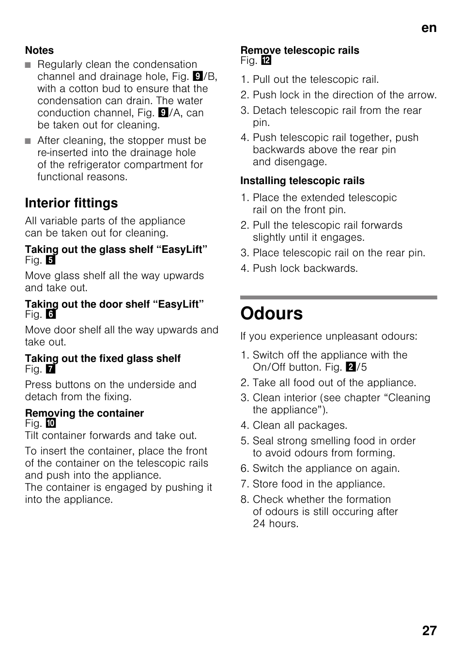 Notes, Interior fittings, Taking out the glass shelf “easylift | Taking out the door shelf “easylift, Taking out the fixed glass shelf, Removing the container, Remove telescopic rails, Installing telescopic rails, Odours, En 27 | Siemens KI25RP60 User Manual | Page 27 / 76