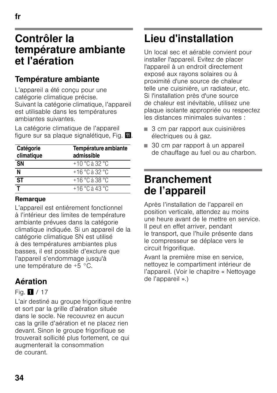 Contrôler la température ambiante et l'aération, Température ambiante, Aération | Lieu d'installation, Branchement de l’appareil, Fr 34 | Siemens KI25RP60 User Manual | Page 34 / 76