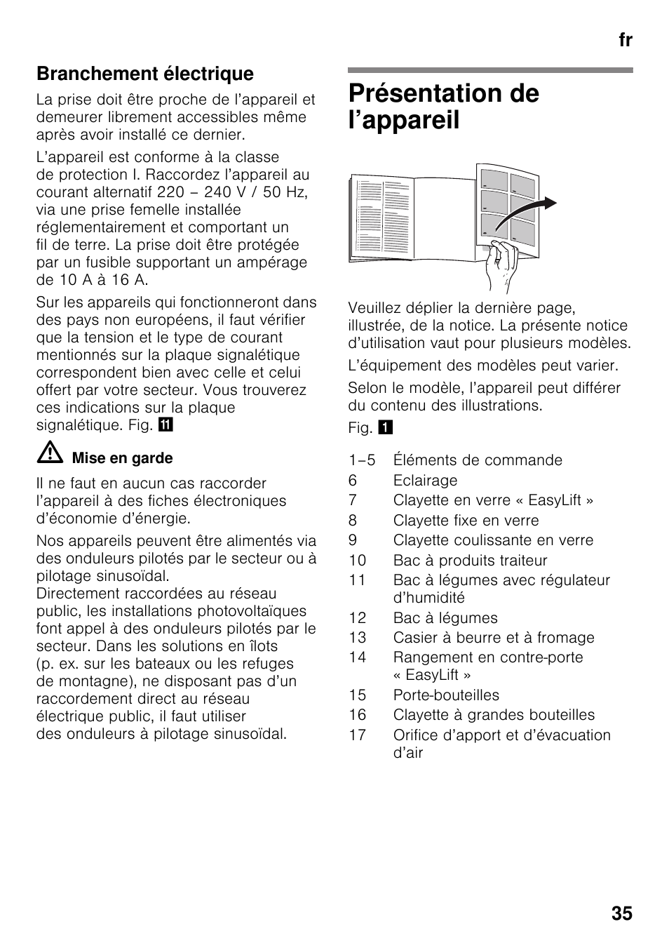 Branchement électrique, Présentation de l’appareil, Fr 35 branchement électrique | Siemens KI25RP60 User Manual | Page 35 / 76