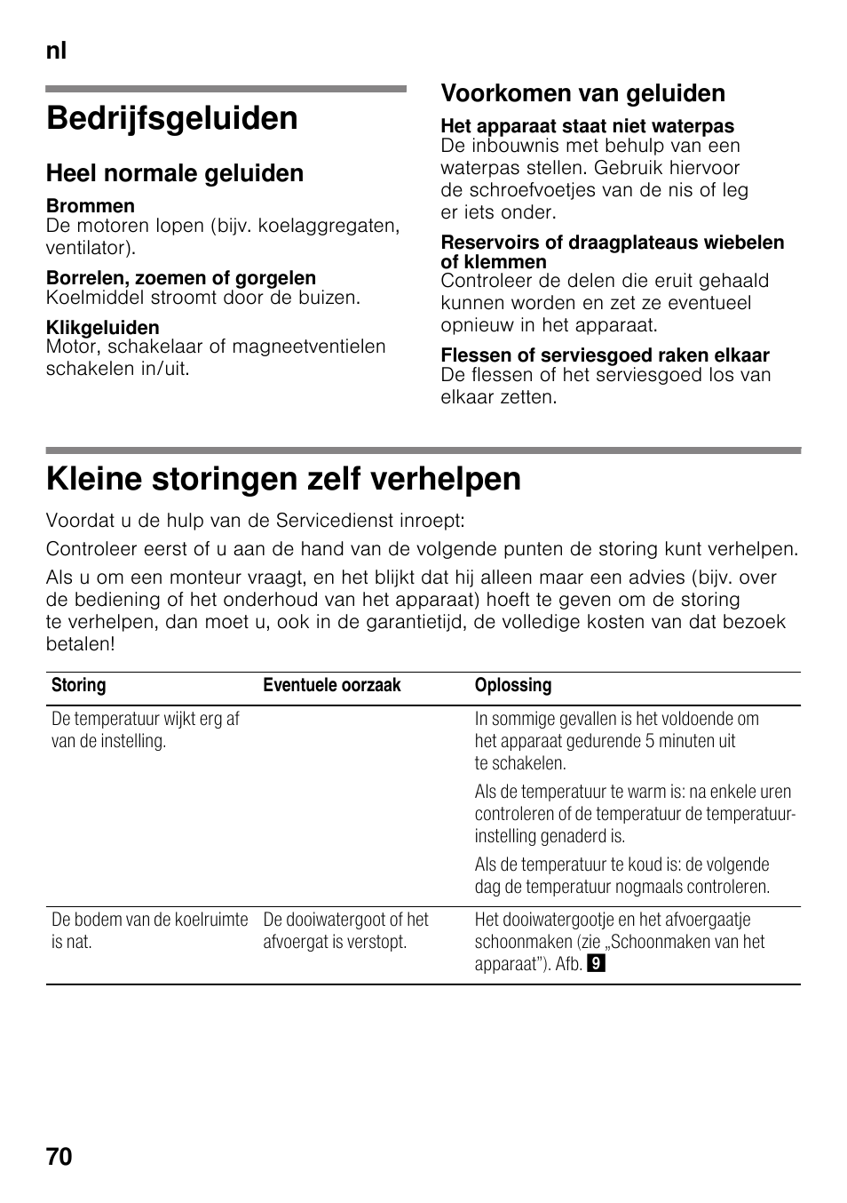 Bedrijfsgeluiden, Heel normale geluiden, Brommen | Borrelen, zoemen of gorgelen, Klikgeluiden, Voorkomen van geluiden, Het apparaat staat niet waterpas, Reservoirs of draagplateaus wiebelen of klemmen, Flessen of serviesgoed raken elkaar, Kleine storingen zelf verhelpen | Siemens KI25RP60 User Manual | Page 70 / 76