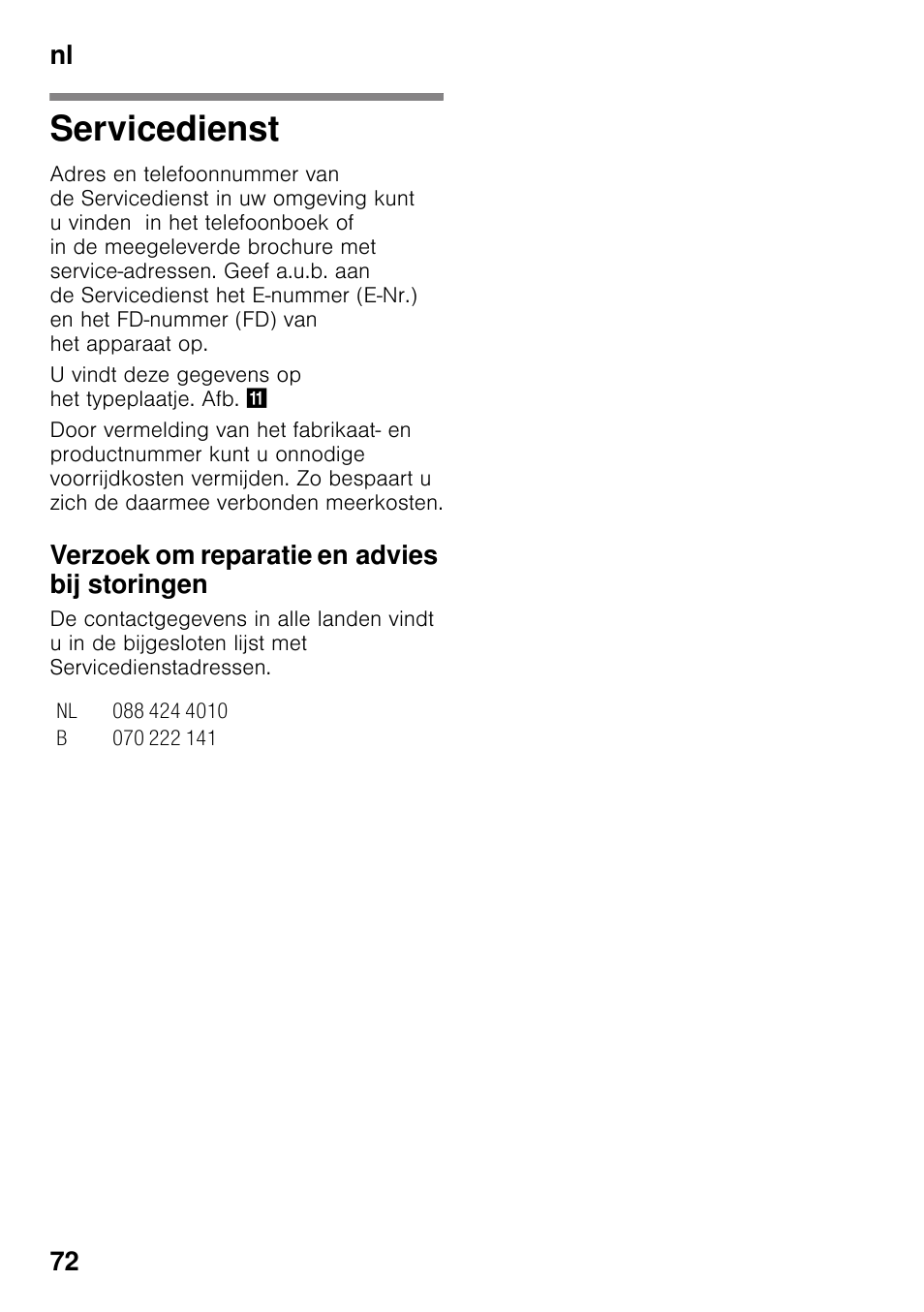 Servicedienst, Verzoek om reparatie en advies bij storingen, Nl 72 | Siemens KI25RP60 User Manual | Page 72 / 76