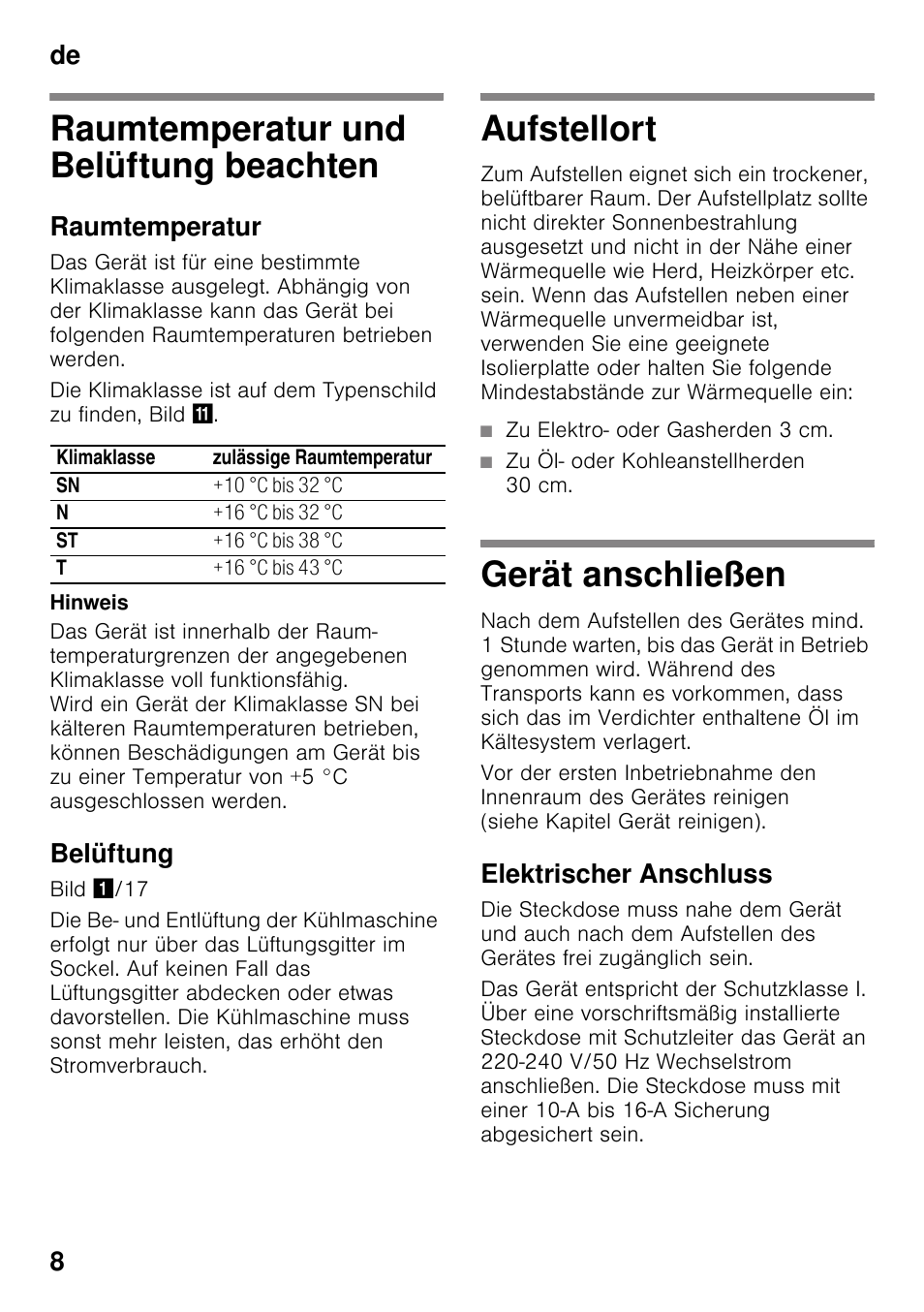 Raumtemperatur und belüftung beachten, Raumtemperatur, Belüftung | Aufstellort, Zu elektro- oder gasherden 3 cm, Zu öl- oder kohleanstellherden 30 cm, Gerät anschließen, Elektrischer anschluss, Beachten aufstellort gerät anschließen, De 8 | Siemens KI25RP60 User Manual | Page 8 / 76