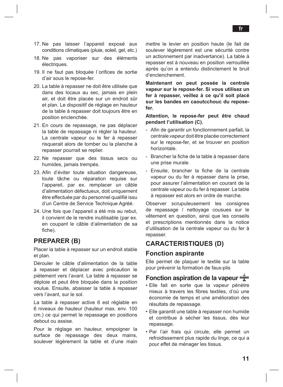 Preparer (b), Caracteristiques (d) fonction aspirante, Fonction aspiration de la vapeur | Siemens TN10200 User Manual | Page 10 / 61