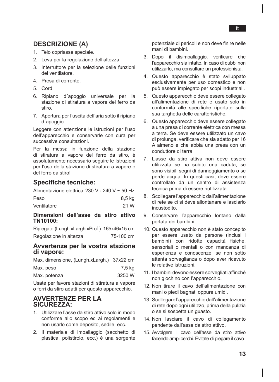 Descrizione (a), Specifiche tecniche, Avvertenze per la vostra stazione di vapore | Avvertenze per la sicurezza | Siemens TN10200 User Manual | Page 12 / 61