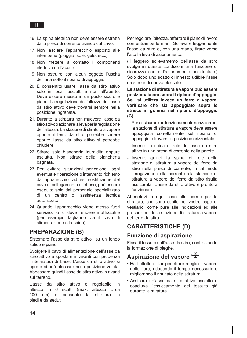 Preparazione (b), Caratteristiche (d) funzione di aspirazione, Aspirazione del vapore | Siemens TN10200 User Manual | Page 13 / 61