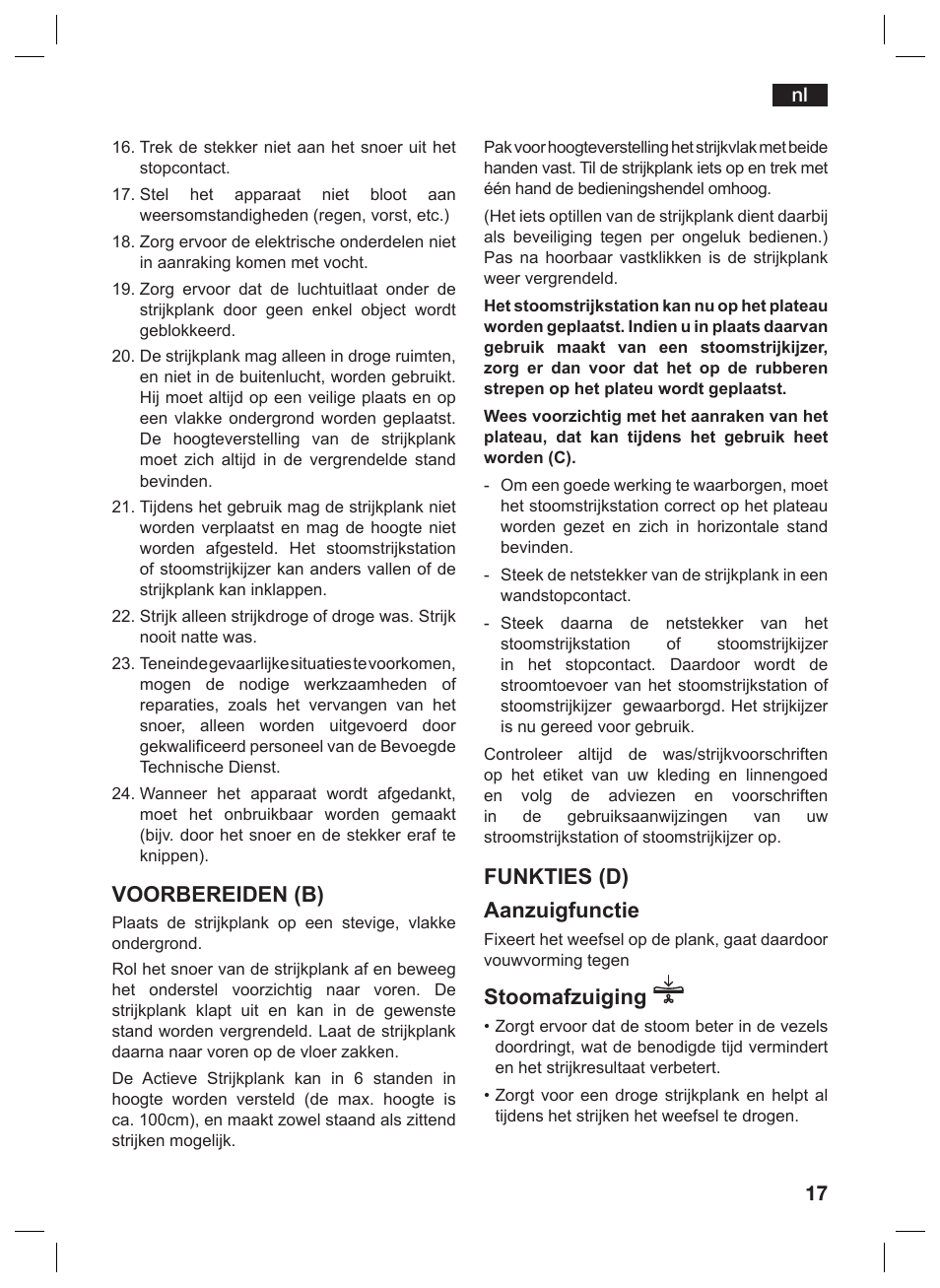 Voorbereiden (b), Funkties (d) aanzuigfunctie, Stoomafzuiging | Siemens TN10200 User Manual | Page 16 / 61