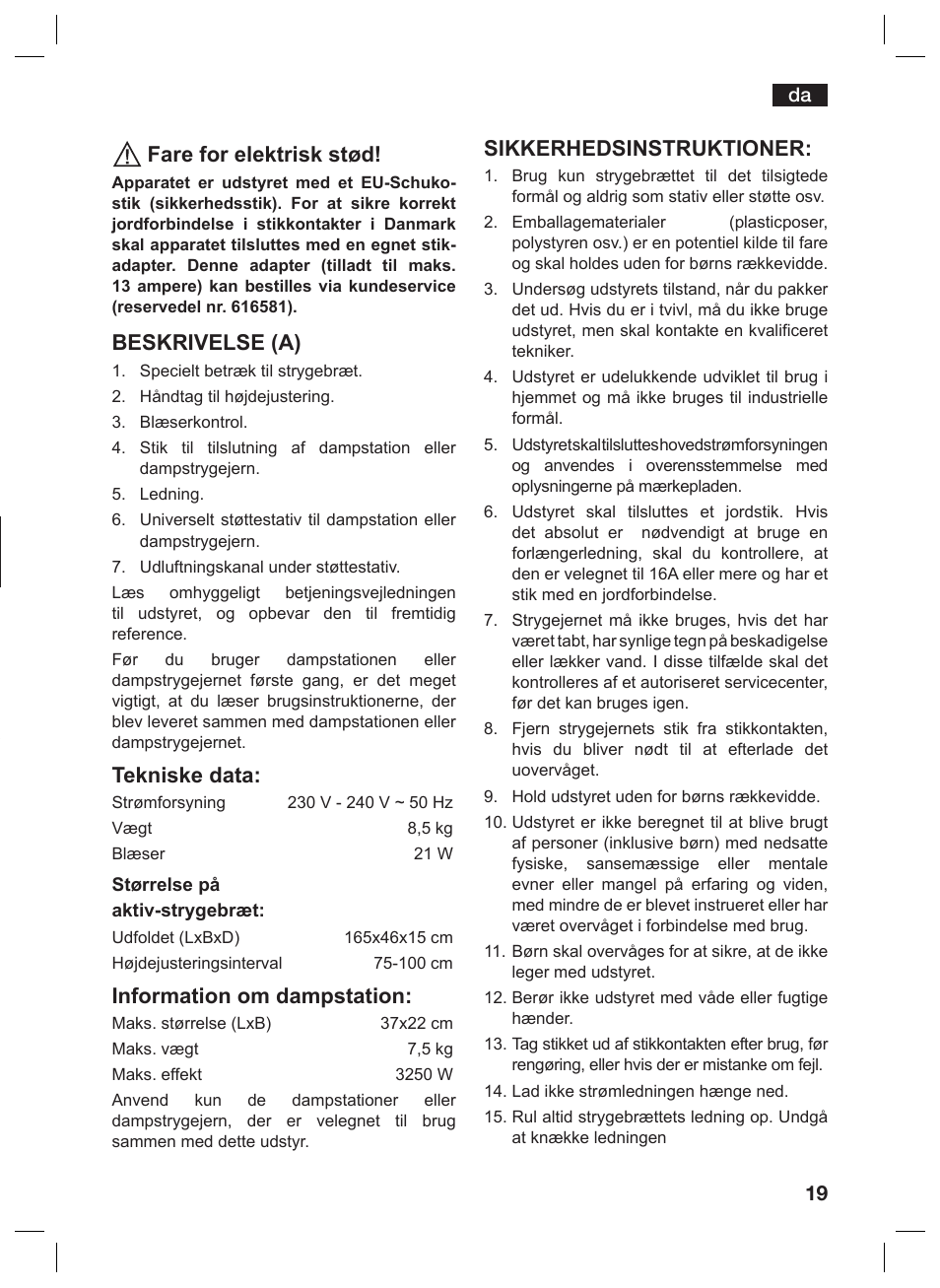 Fare for elektrisk stød, Beskrivelse (a), Tekniske data | Information om dampstation, Sikkerhedsinstruktioner | Siemens TN10200 User Manual | Page 18 / 61