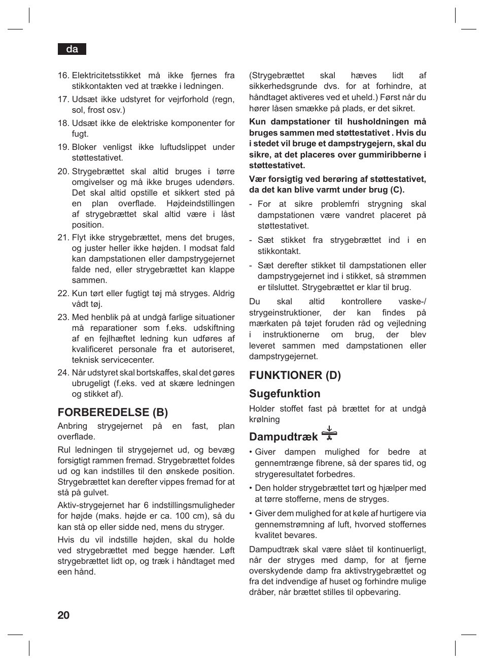 Forberedelse (b), Funktioner (d) sugefunktion, Dampudtræk | Siemens TN10200 User Manual | Page 19 / 61