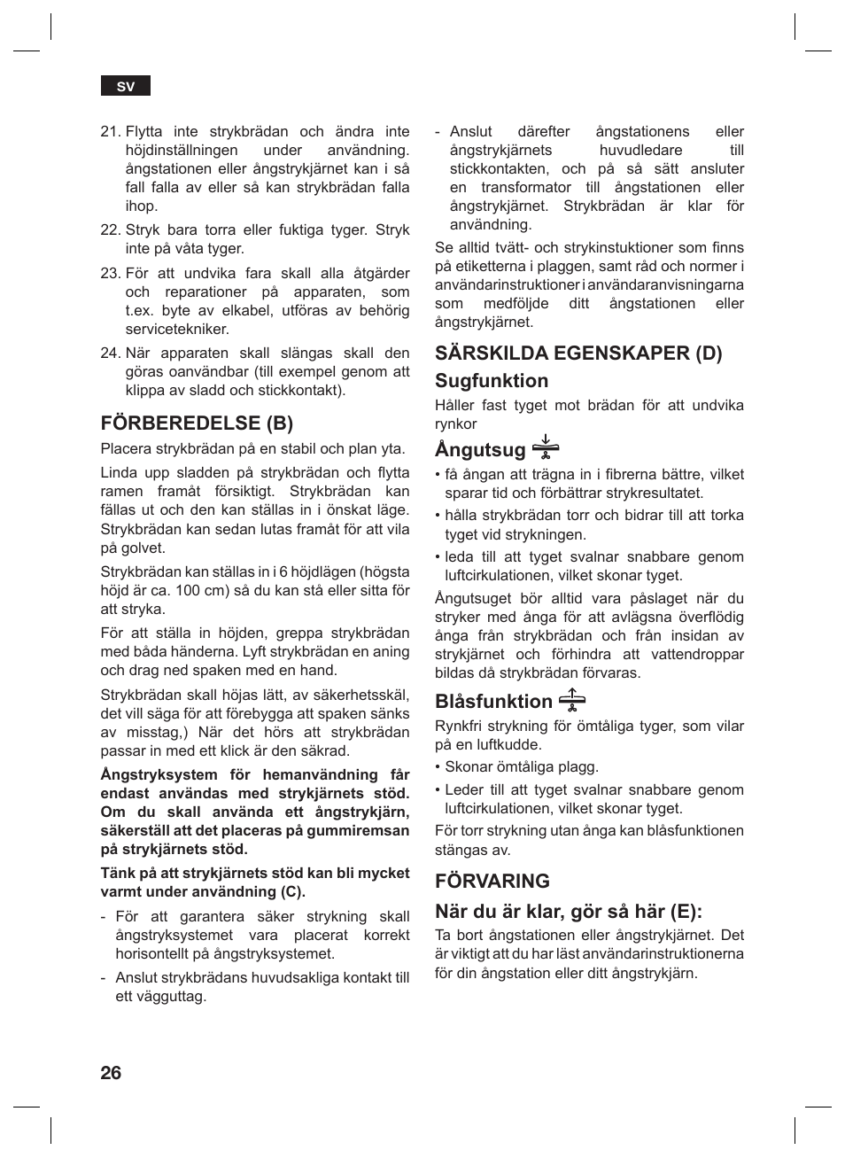 Förberedelse (b), Särskilda egenskaper (d) sugfunktion, Ångutsug | Blåsfunktion, Förvaring när du är klar, gör så här (e) | Siemens TN10200 User Manual | Page 25 / 61