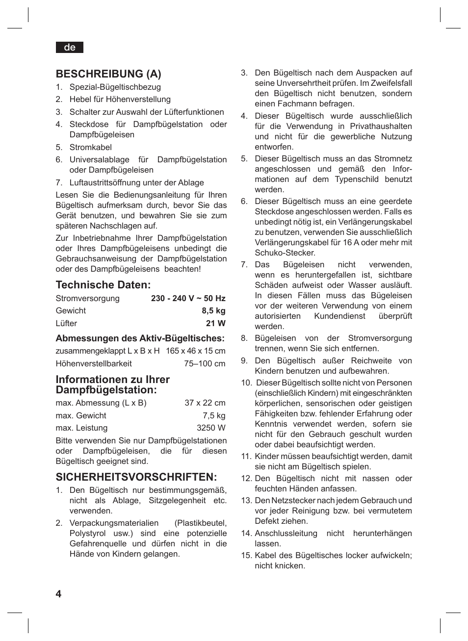 Beschreibung (a), Technische daten, Informationen zu ihrer dampfbügelstation | Sicherheitsvorschriften | Siemens TN10200 User Manual | Page 3 / 61
