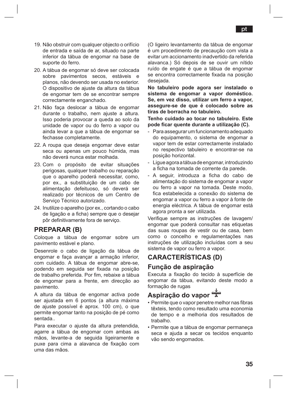 Preparar (b), Características (d) função de aspiração, Aspiração do vapor | Siemens TN10200 User Manual | Page 34 / 61