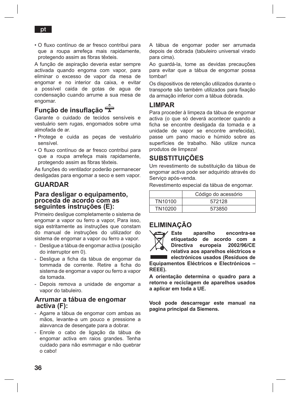 Função de insuflação, Arrumar a tábua de engomar activa (f), Limpar | Substituições, Eliminação | Siemens TN10200 User Manual | Page 35 / 61