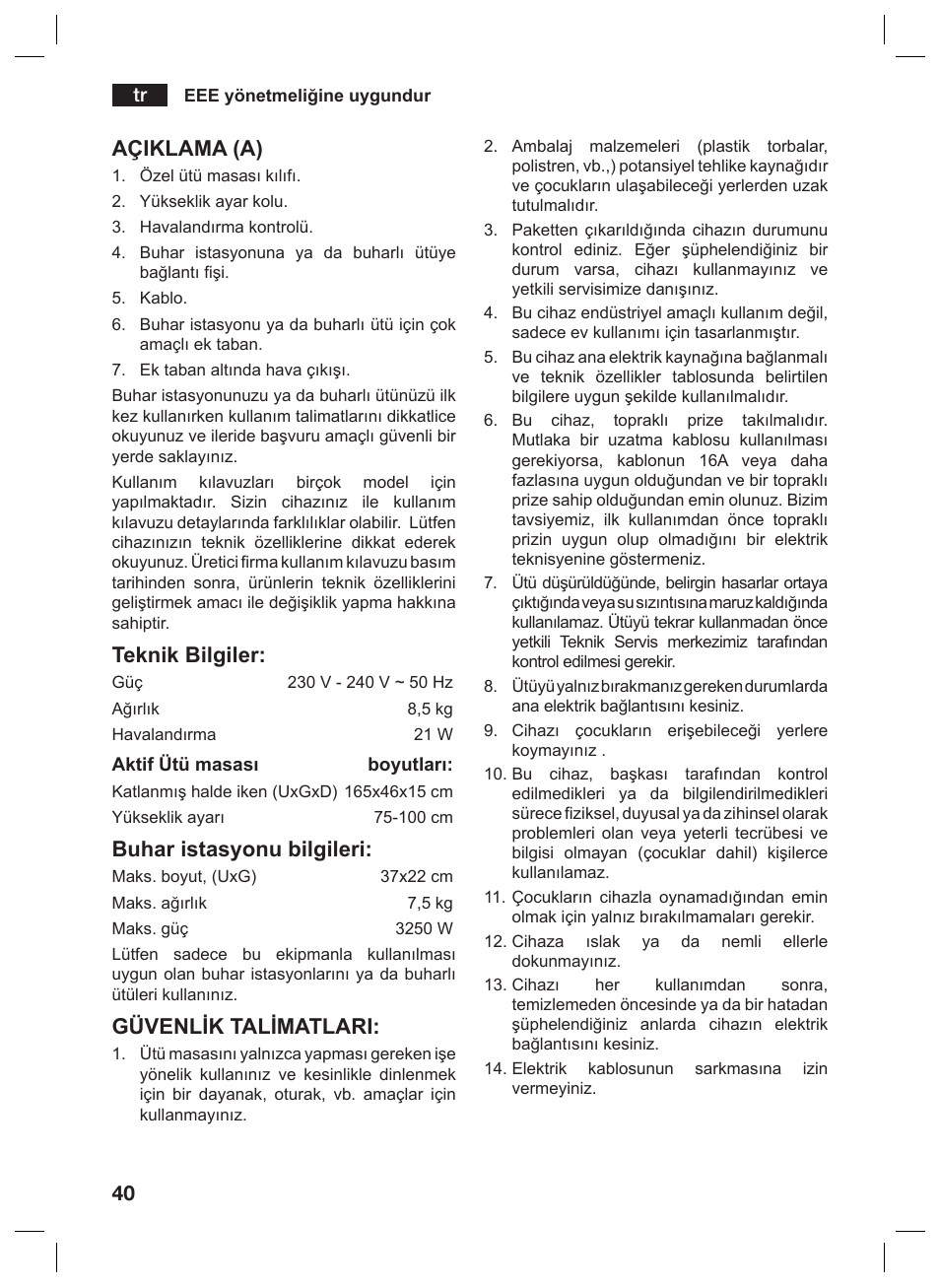 Açiklama (a), Teknik bilgiler, Buhar istasyonu bilgileri | Güvenlik talimatlari | Siemens TN10200 User Manual | Page 39 / 61