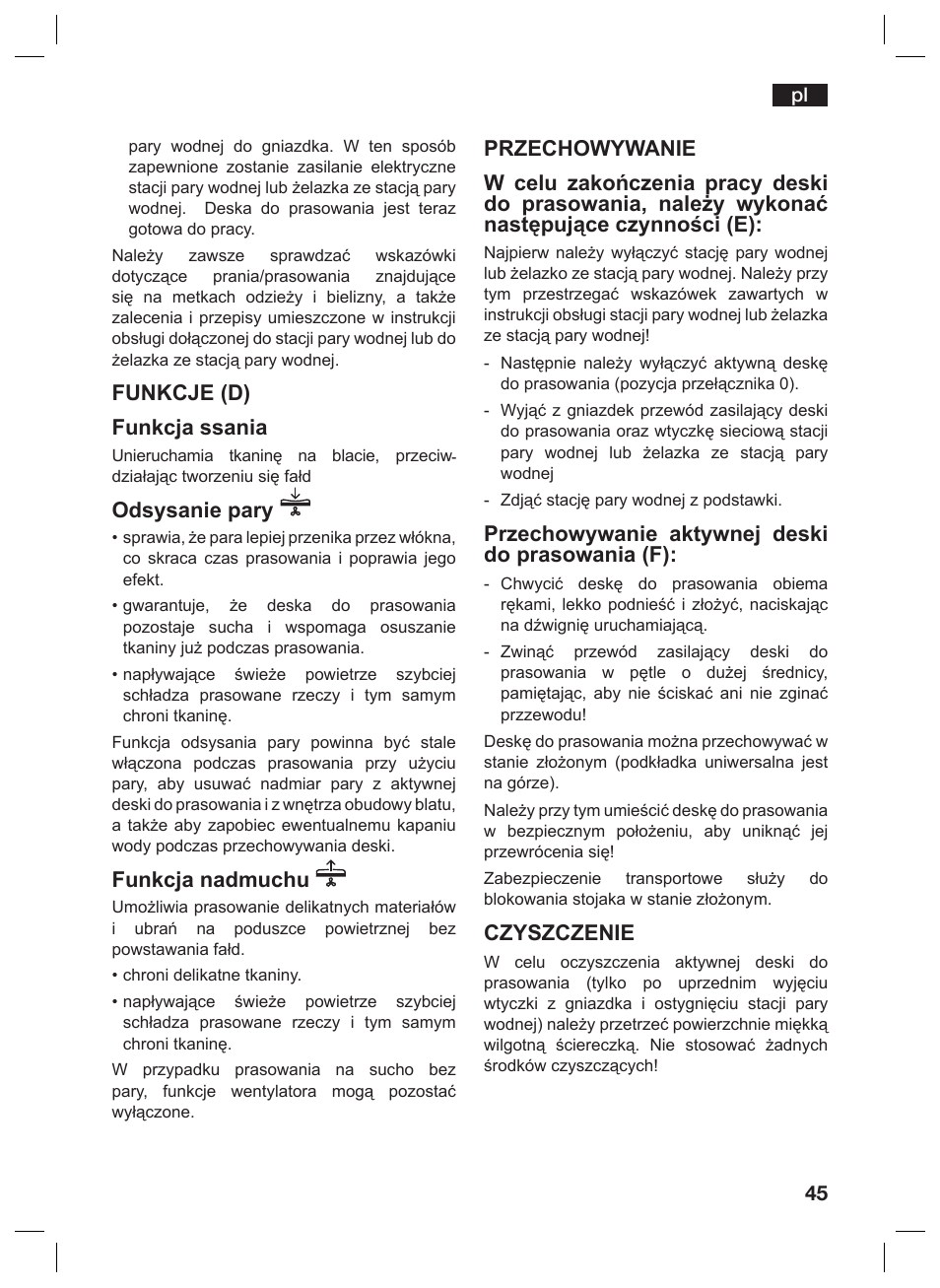 Funkcje (d) funkcja ssania, Odsysanie pary, Funkcja nadmuchu | Przechowywanie aktywnej deski do prasowania (f), Czyszczenie | Siemens TN10200 User Manual | Page 44 / 61