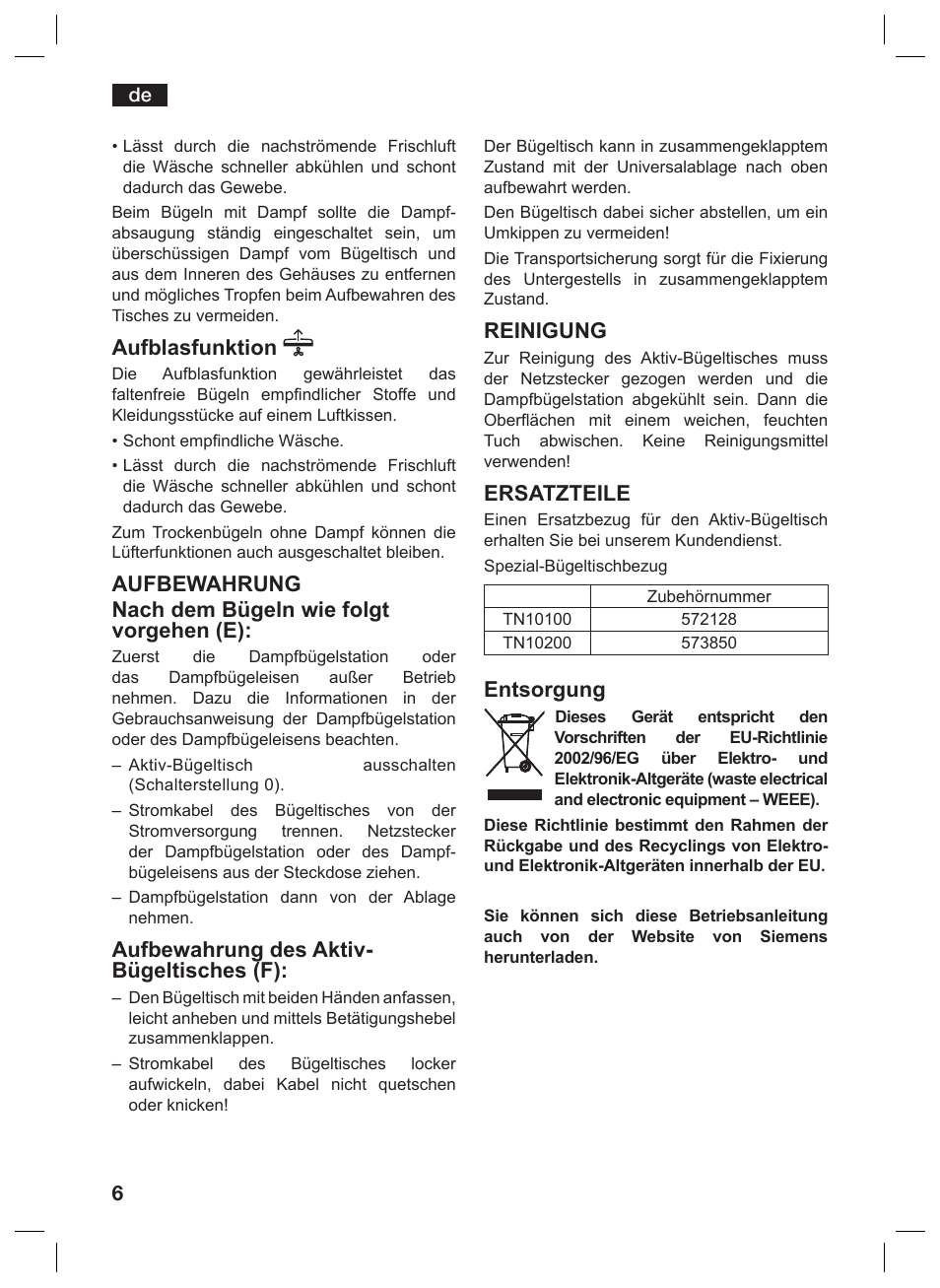 Aufblasfunktion, Aufbewahrung des aktiv- bügeltisches (f), Reinigung | Ersatzteile, Entsorgung | Siemens TN10200 User Manual | Page 5 / 61