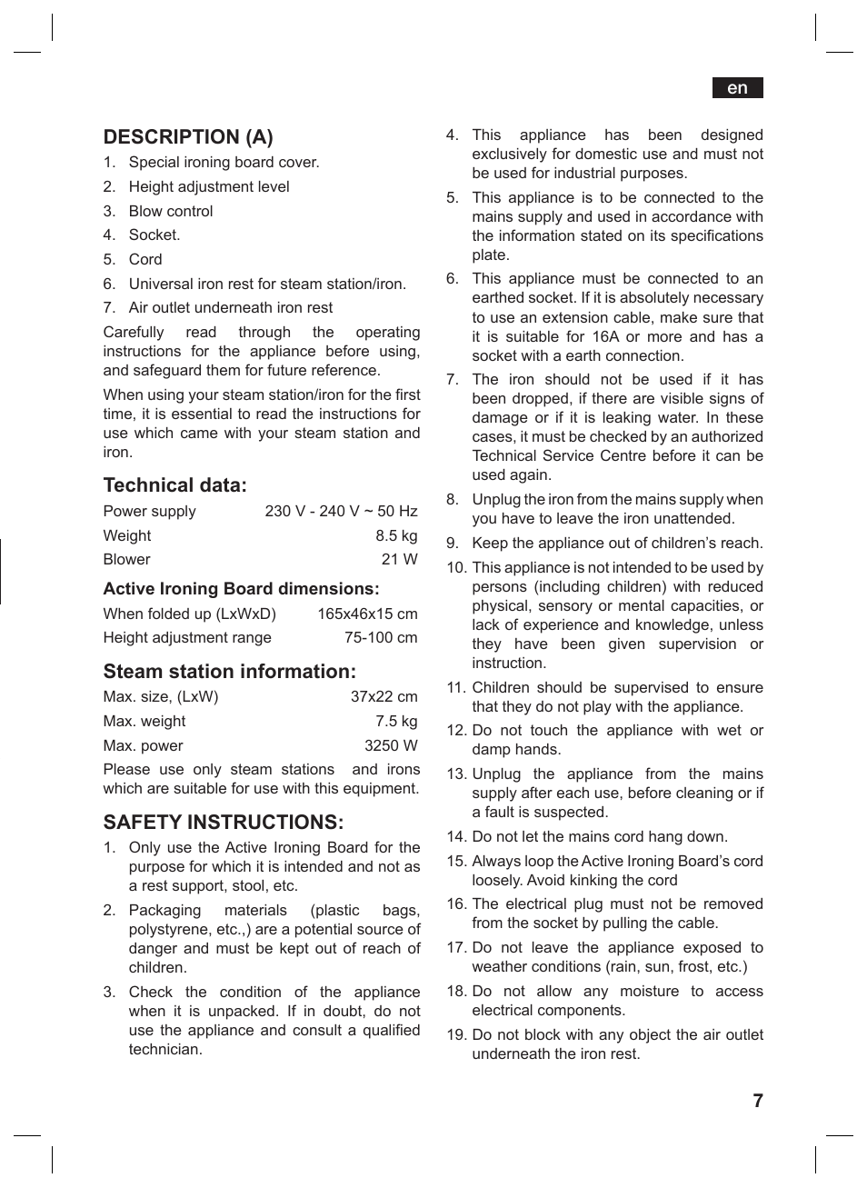 Description (a), Technical data, Steam station information | Safety instructions | Siemens TN10200 User Manual | Page 6 / 61