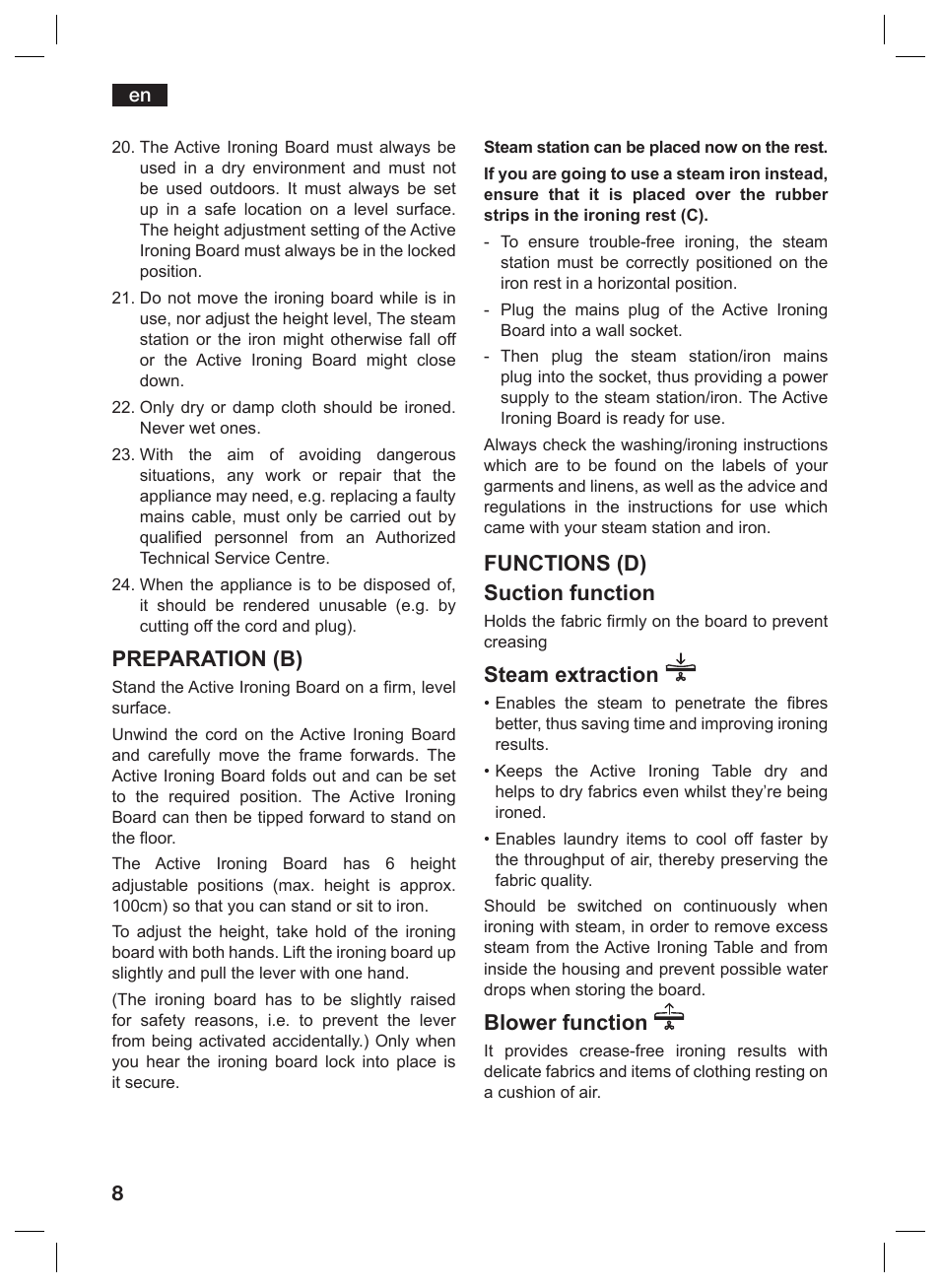 Preparation (b), Functions (d) suction function, Steam extraction | Blower function | Siemens TN10200 User Manual | Page 7 / 61