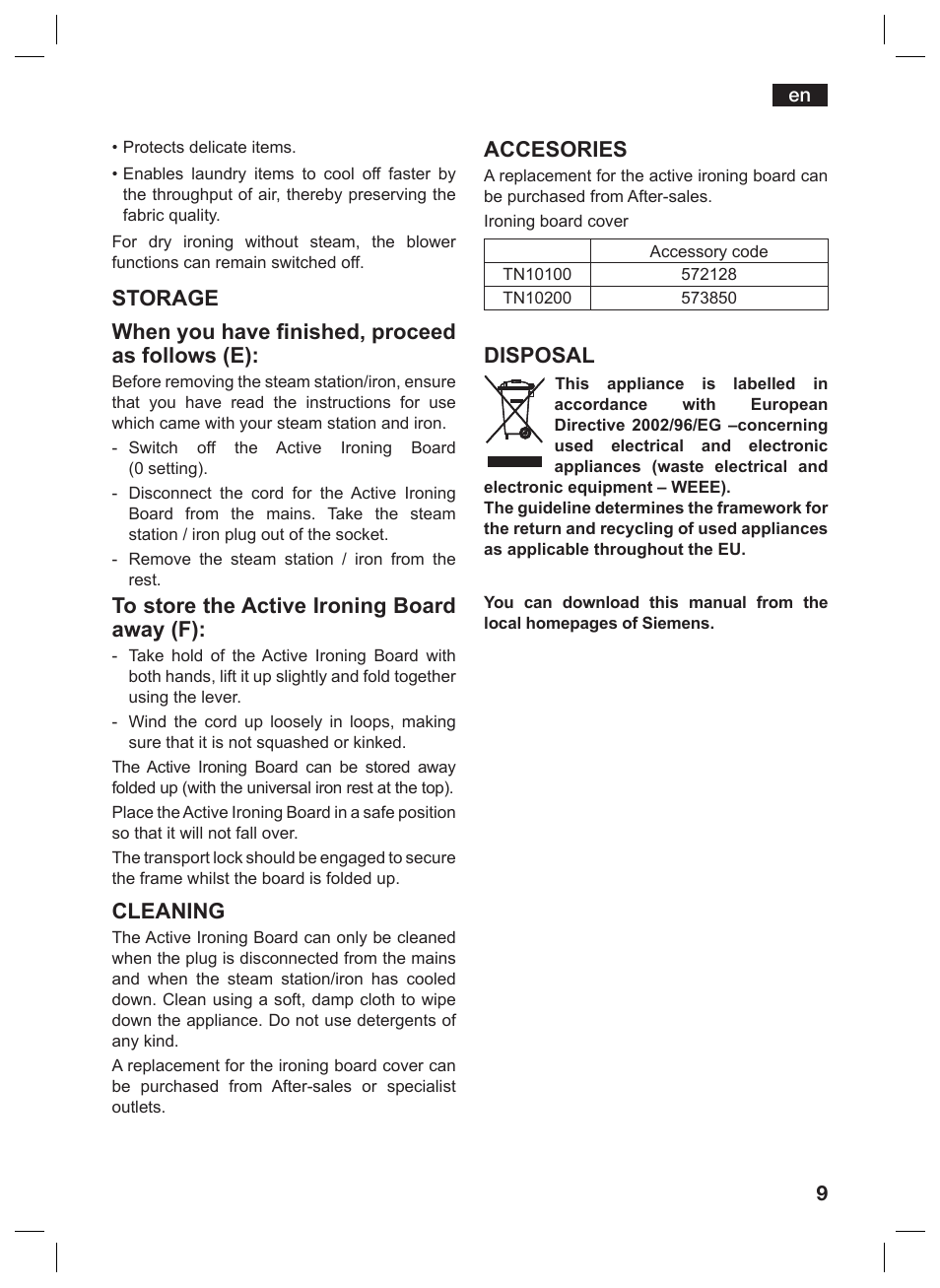 Cleaning, Accesories, Disposal | Siemens TN10200 User Manual | Page 8 / 61