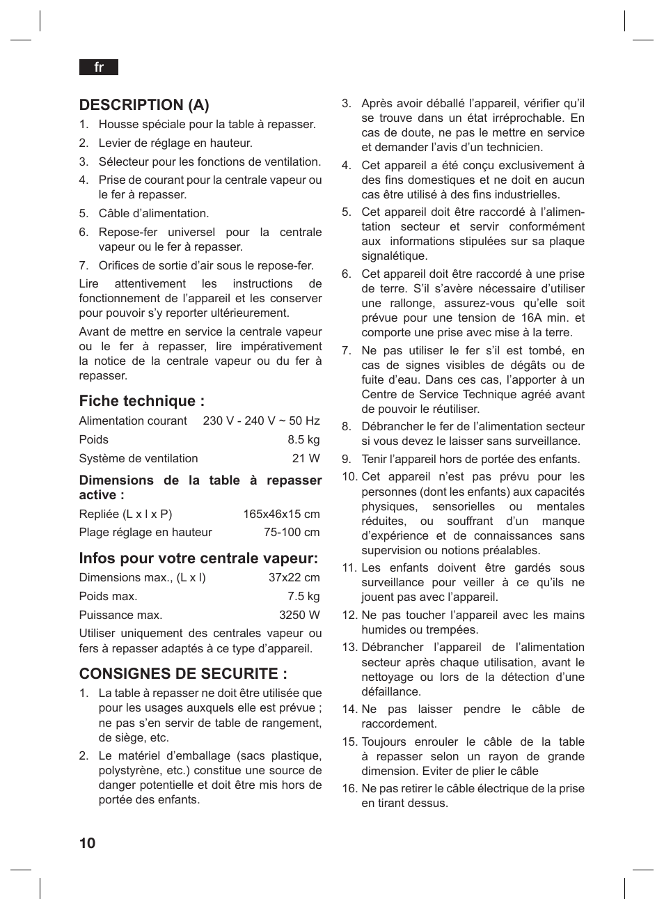 Description (a), Fiche technique, Infos pour votre centrale vapeur | Consignes de securite | Siemens TN10200 User Manual | Page 9 / 61