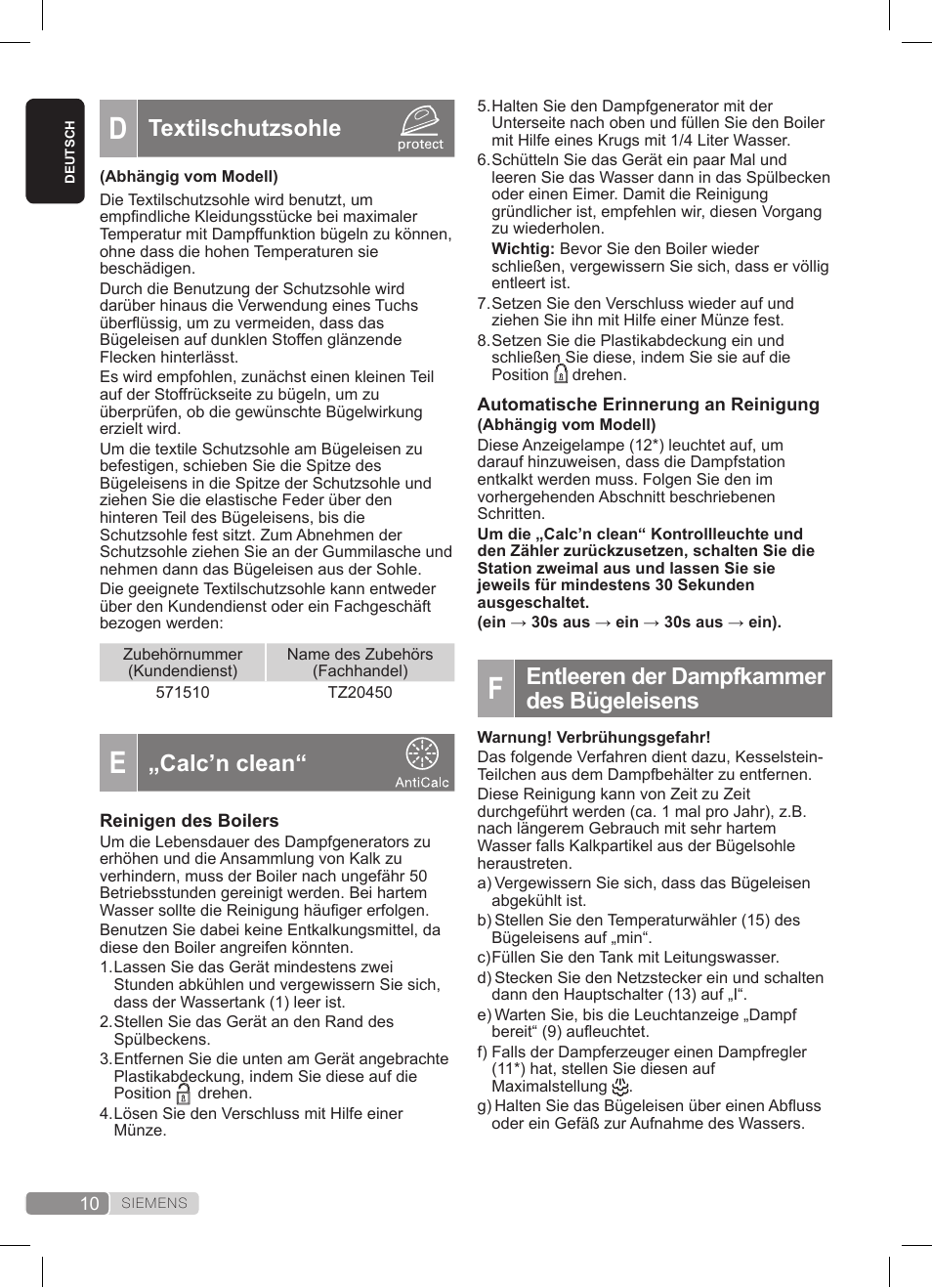 Entleeren der dampfkammer des bügeleisens, Textilschutzsohle, Calc’n clean | Siemens TS20XTRM2 User Manual | Page 10 / 152