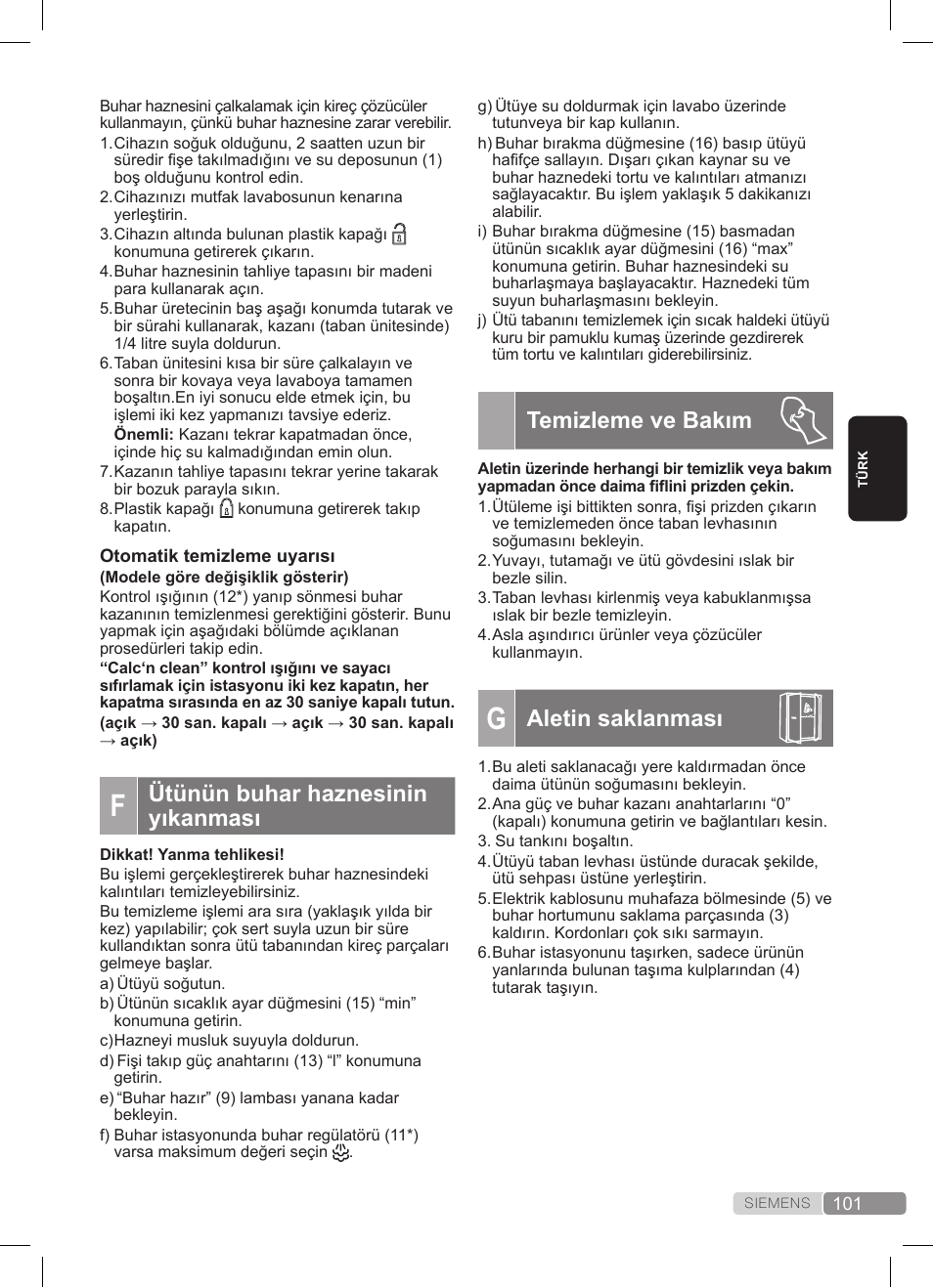 Ütünün buhar haznesinin yıkanması, Temizleme ve bakım, Aletin saklanması | Siemens TS20XTRM2 User Manual | Page 101 / 152