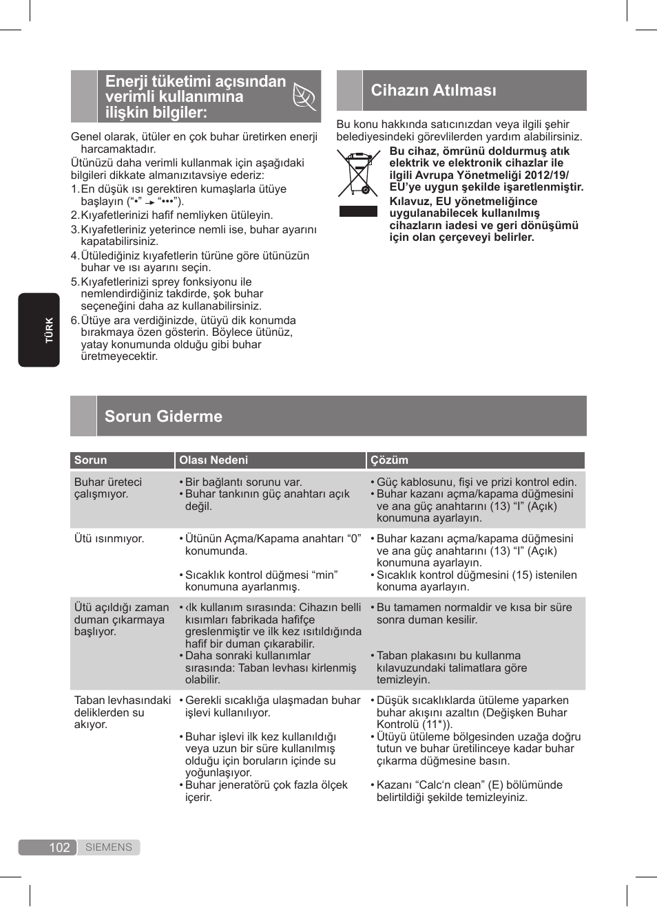 Cihazın atılması, Sorun giderme | Siemens TS20XTRM2 User Manual | Page 102 / 152